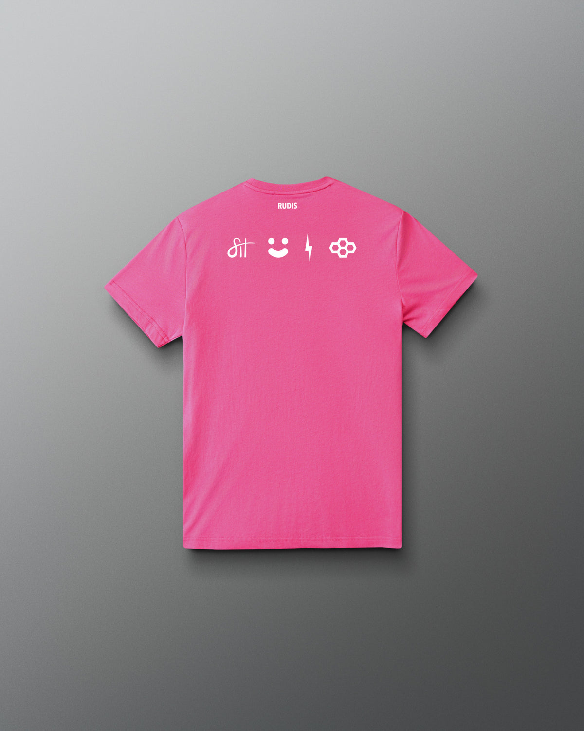 A bright pink short-sleeve t-shirt shown from the back, featuring four small white graphic symbols across the upper back, displayed on a clean gray gradient background.