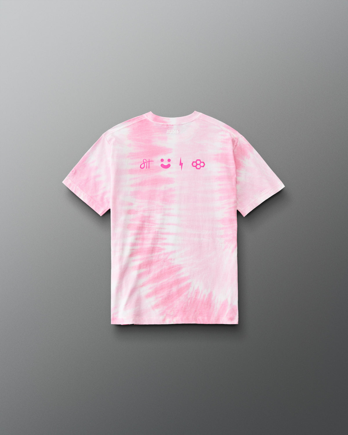 Back view of the RUDIS I Love This Sport Youth Classic Cotton T-Shirt in pink tie dye with pink wrestling-inspired symbols across the upper back.
