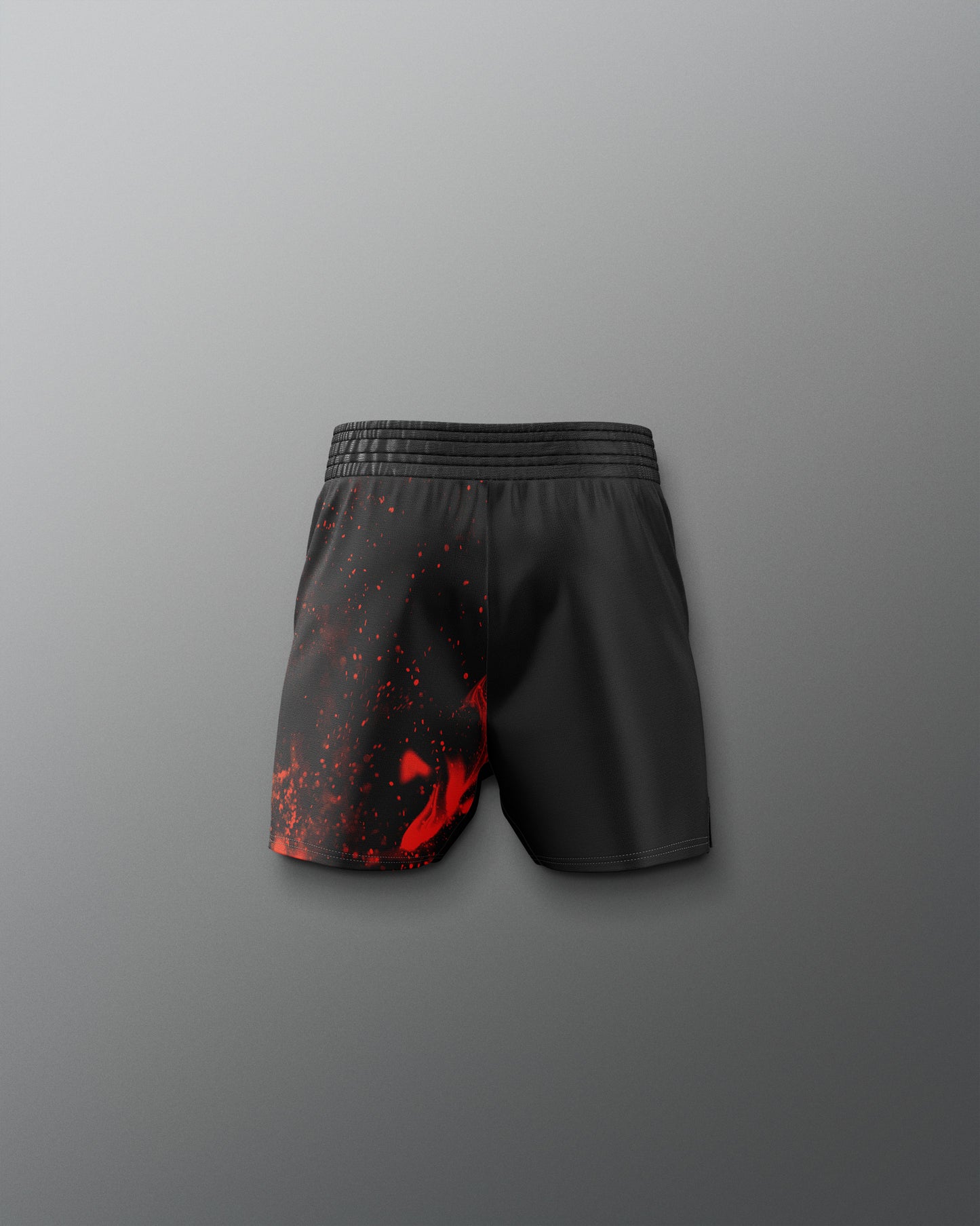 Black shorts with red design on a gray background
