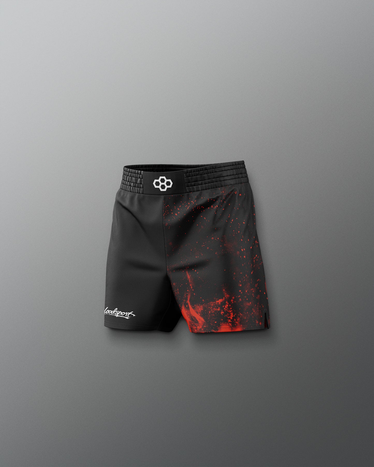 Black athletic shorts with red design on a gray background