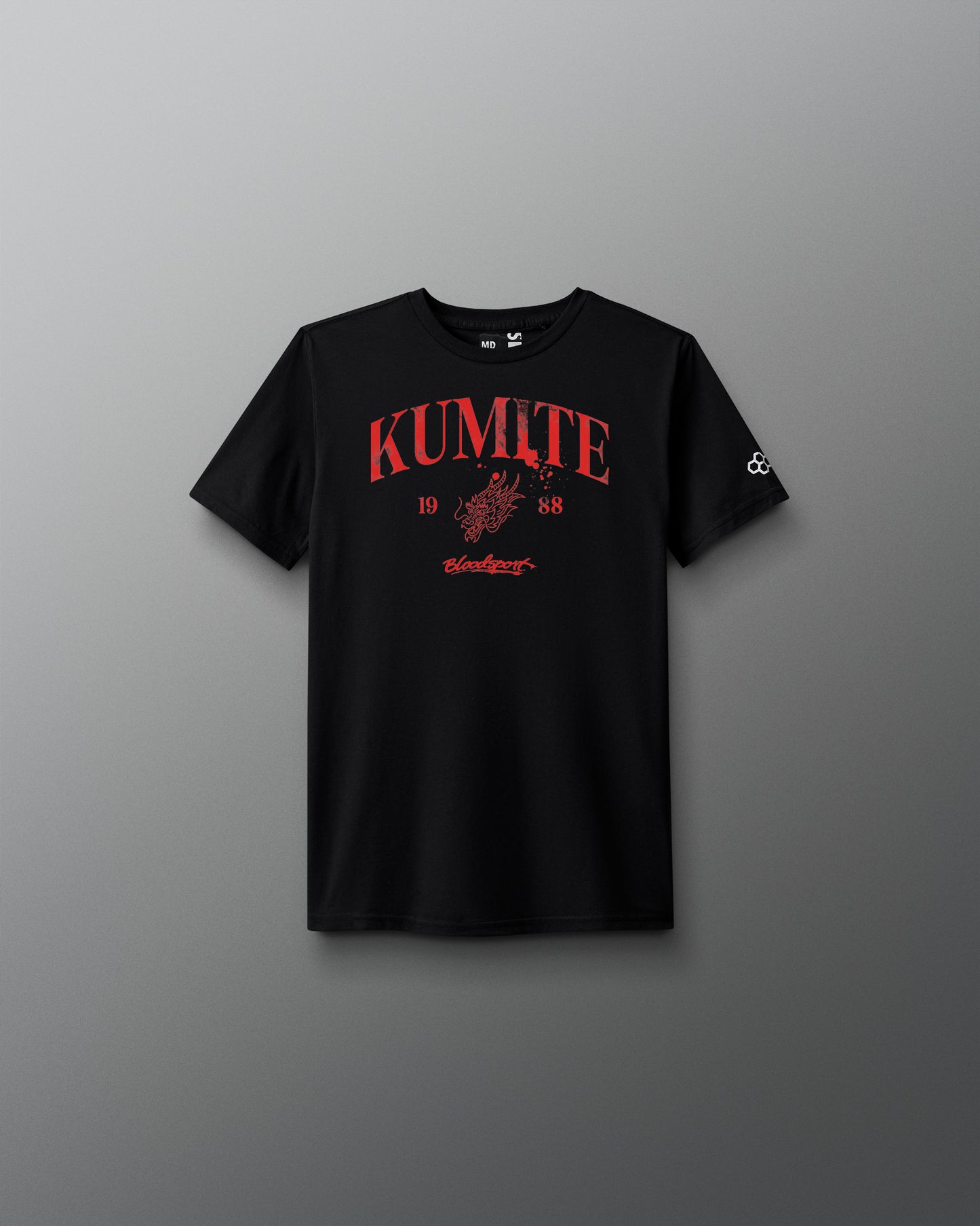 Black t-shirt with red 'KUMITE' text on a gray background