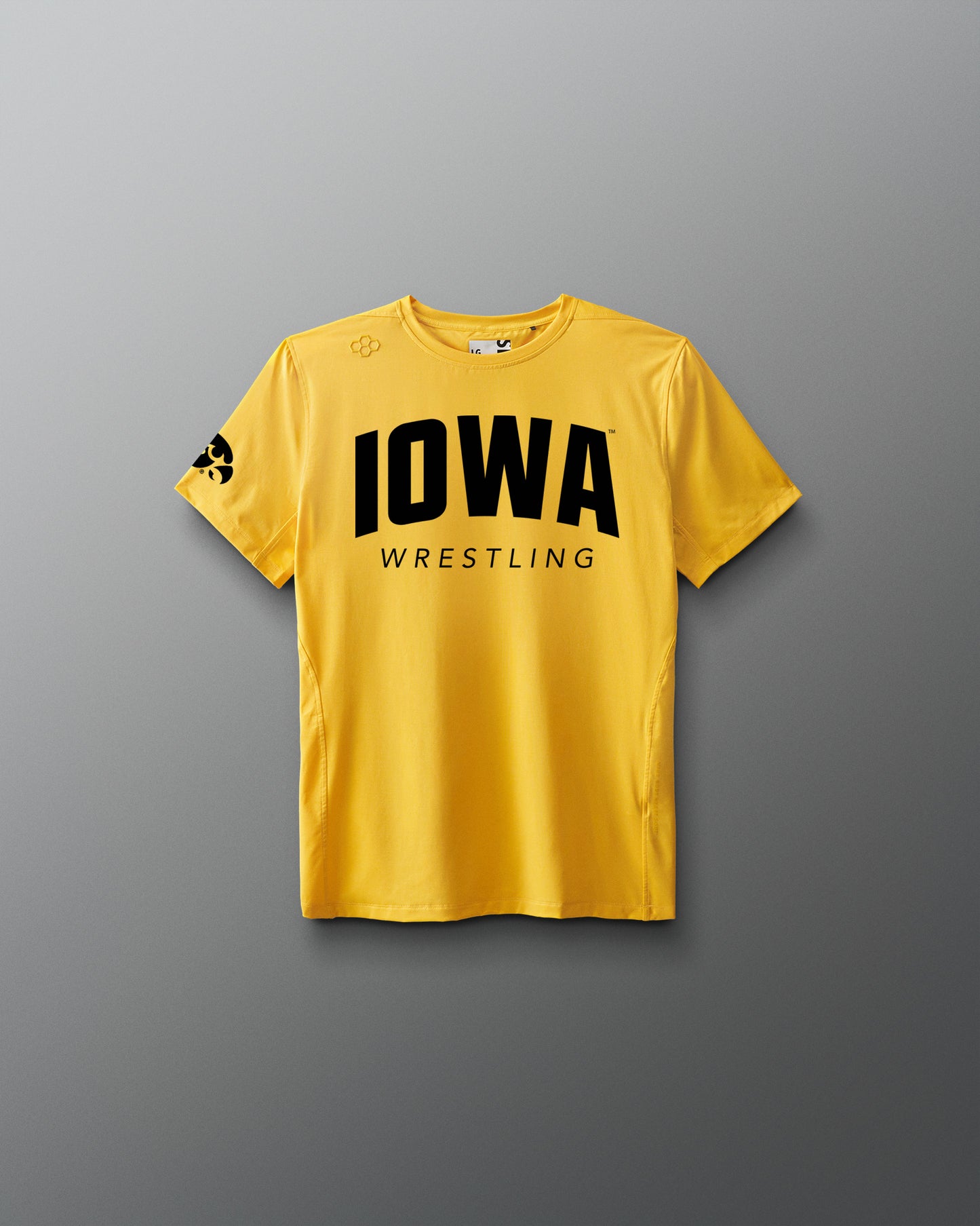 Yellow t-shirt with 'Iowa Wrestling' text on a gray background