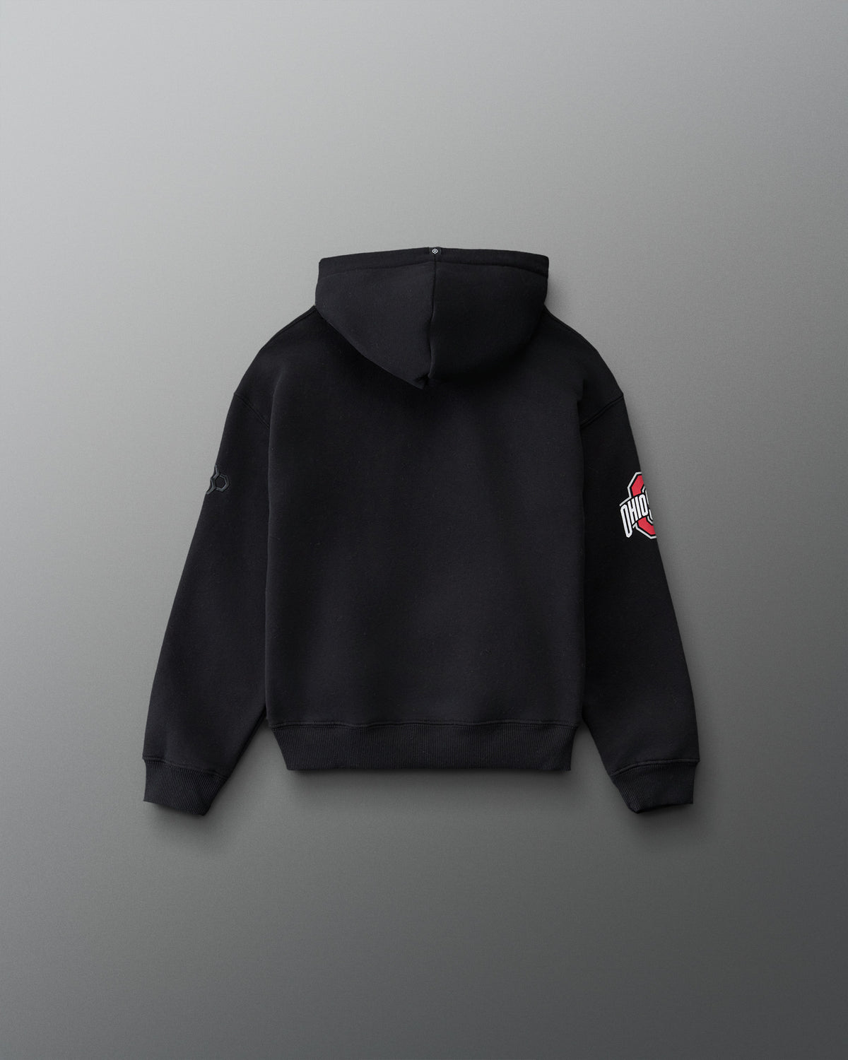RUDIS Ohio State Buckeyes Youth Relaxed Comfort Fleece Hoodie in Black, back view showcasing a solid black body, attached hood, Ohio State sleeve graphic, relaxed silhouette, and ribbed cuffs and hem