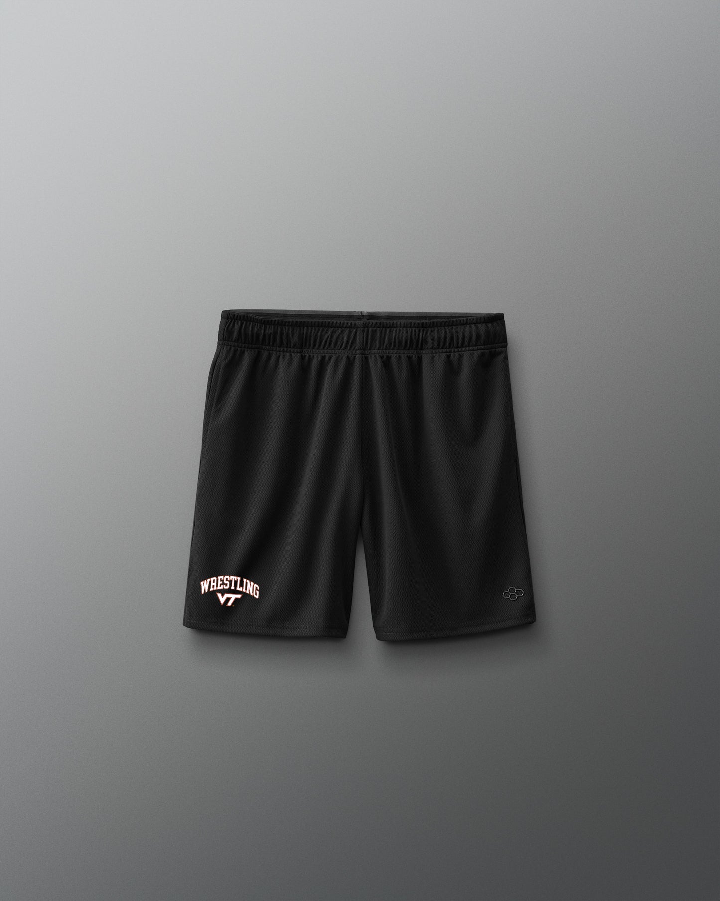 Black shorts with 'Wrestling' text on a gray background