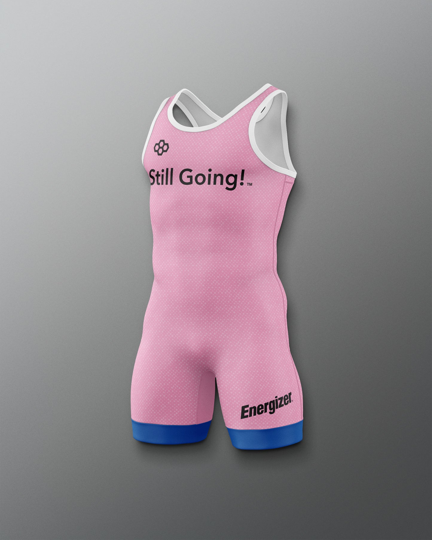Pink athletic suit with 'Still Going!' text and Energizer logo on a gray background