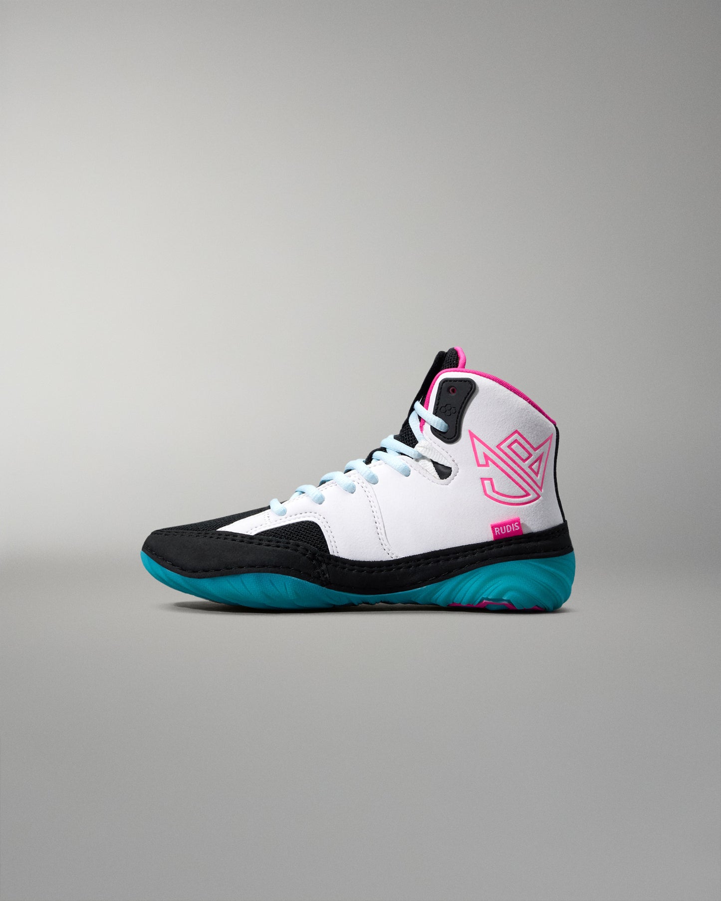 White high-top wrestling shoe with black and teal accents on a gray background