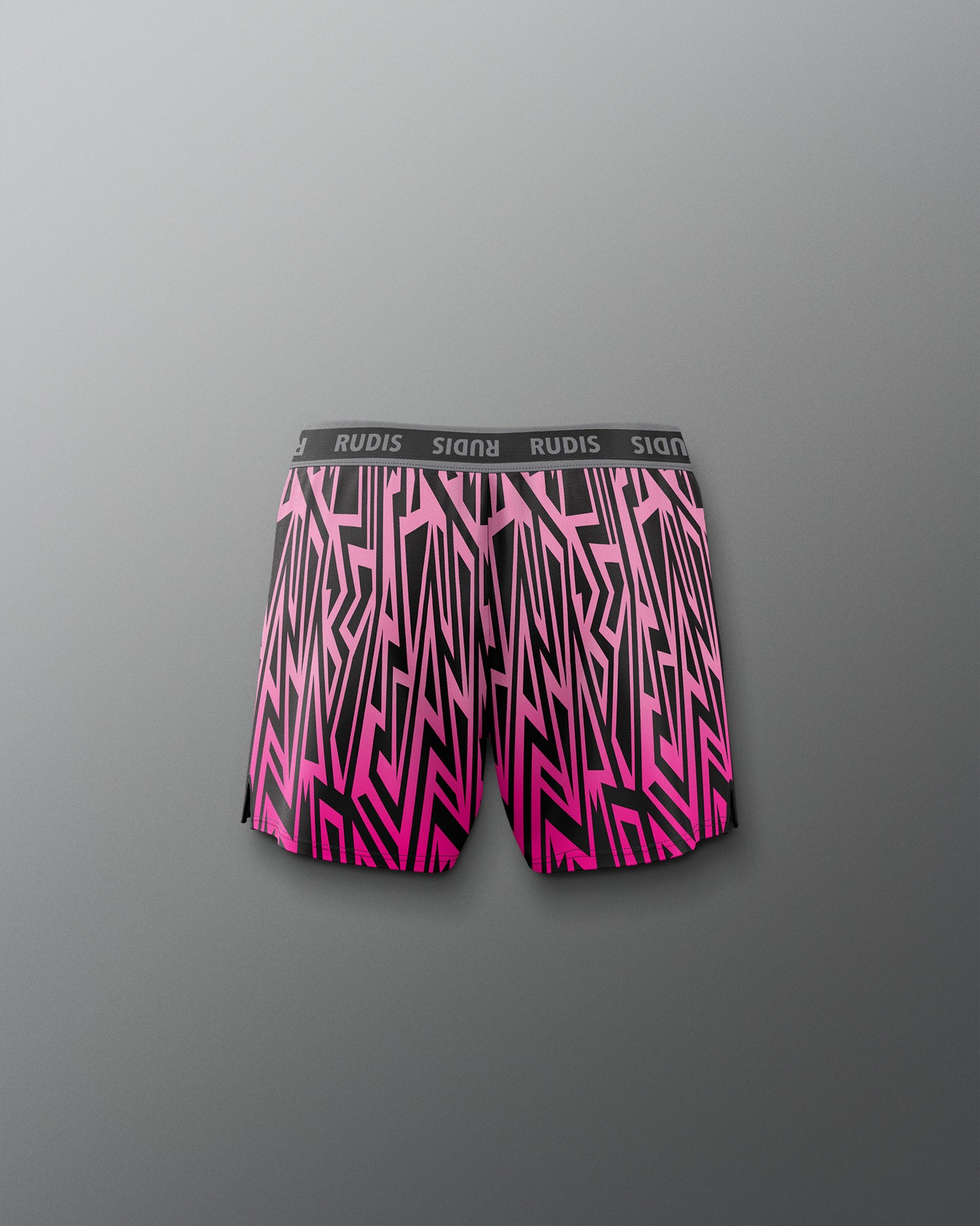 Pink and black patterned boxer briefs on a gray background