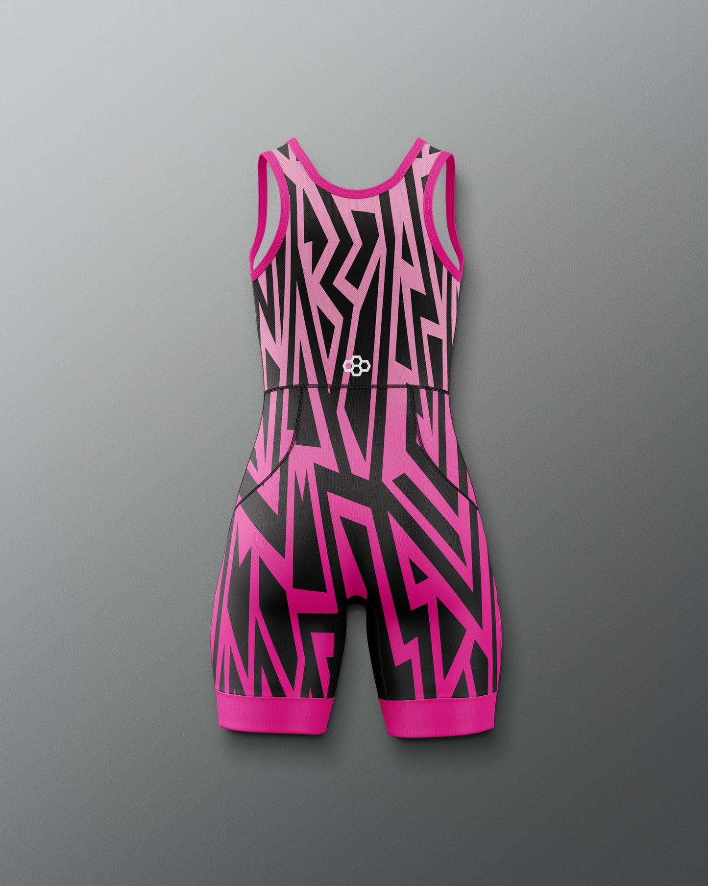 Pink and black wrestling singlet on a gray background
