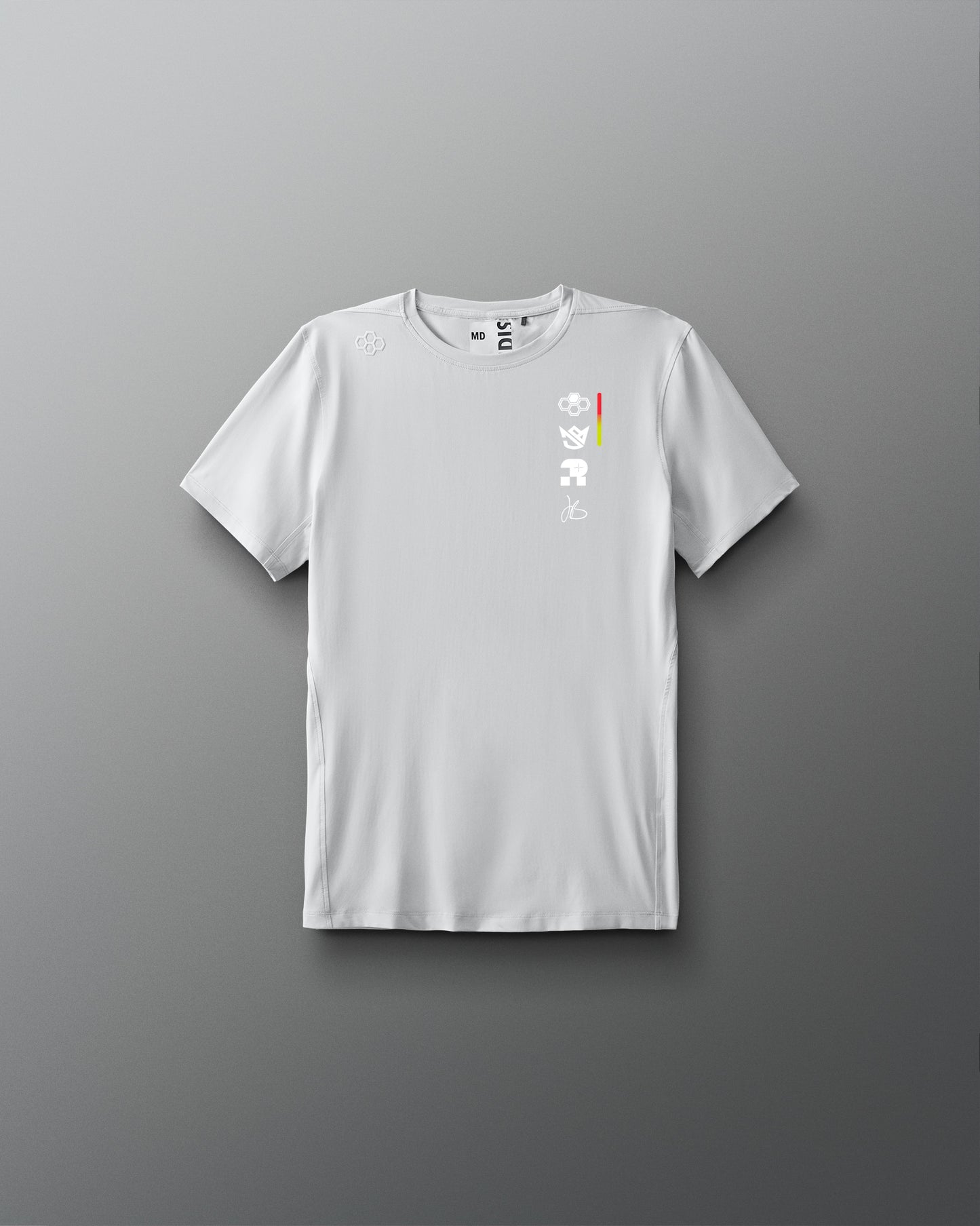 White t-shirt with a logo on a gray background
