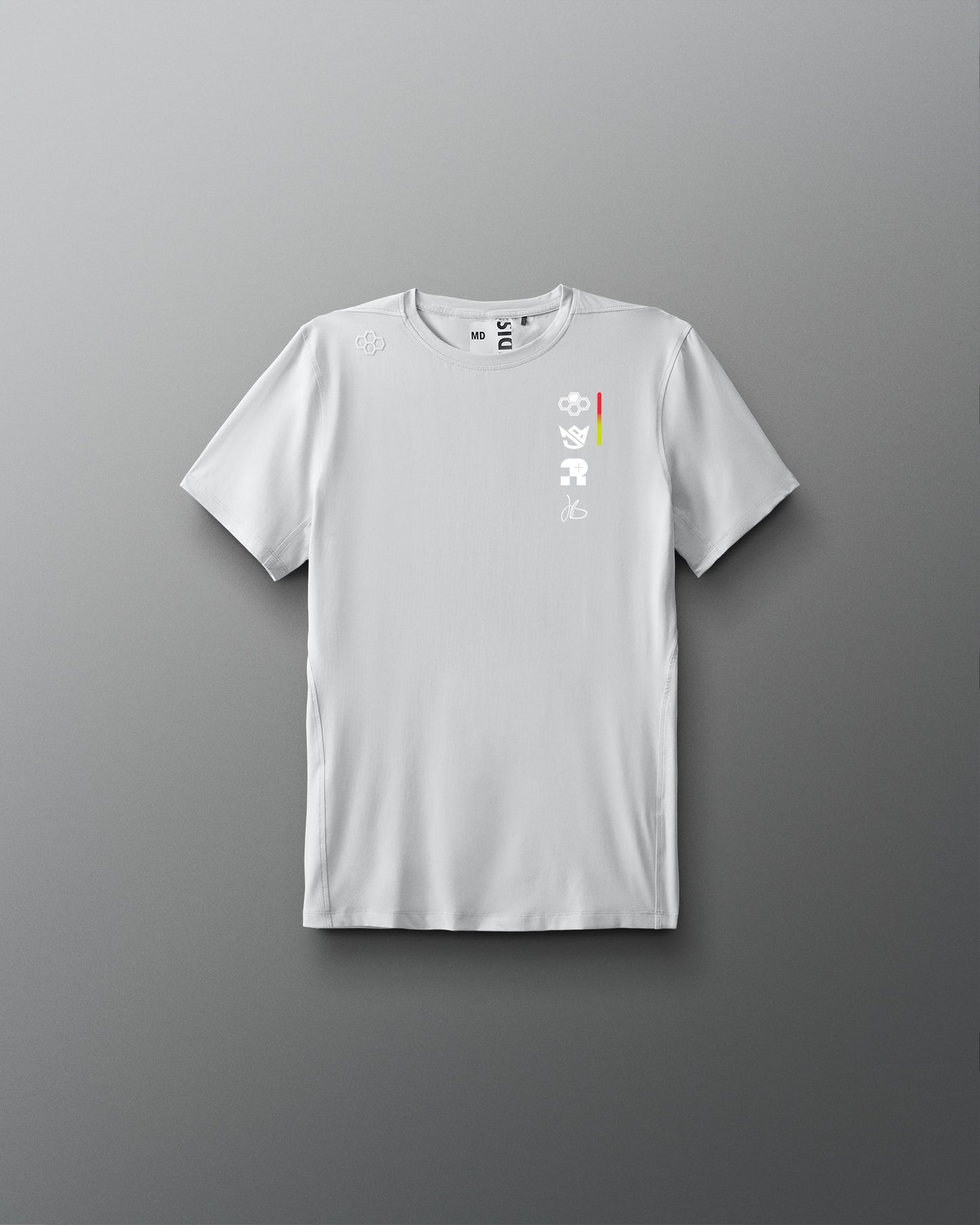 White t-shirt with a logo on a gray background