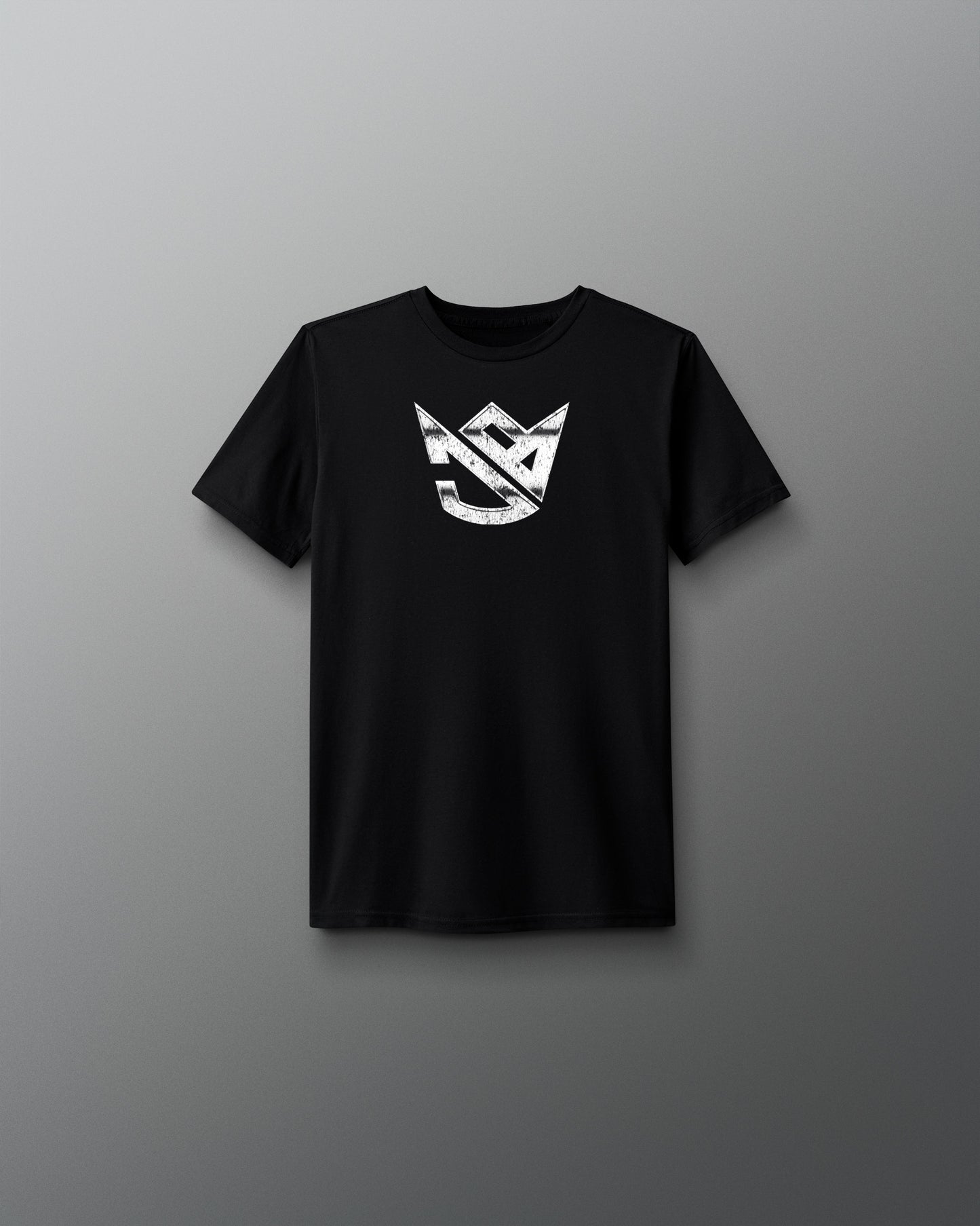 Black t-shirt with a white logo on a gray background