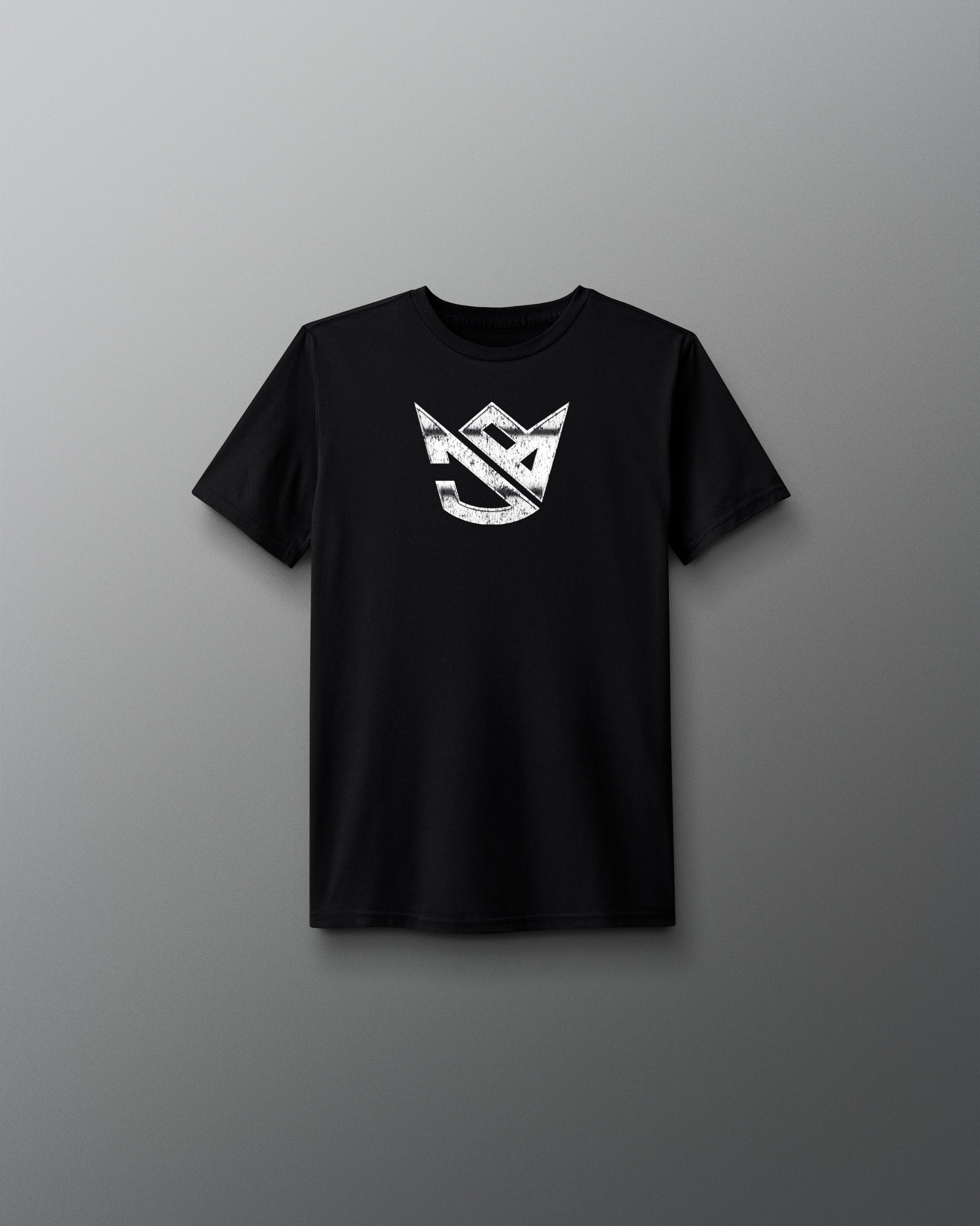 Black t-shirt with a white logo on a gray background