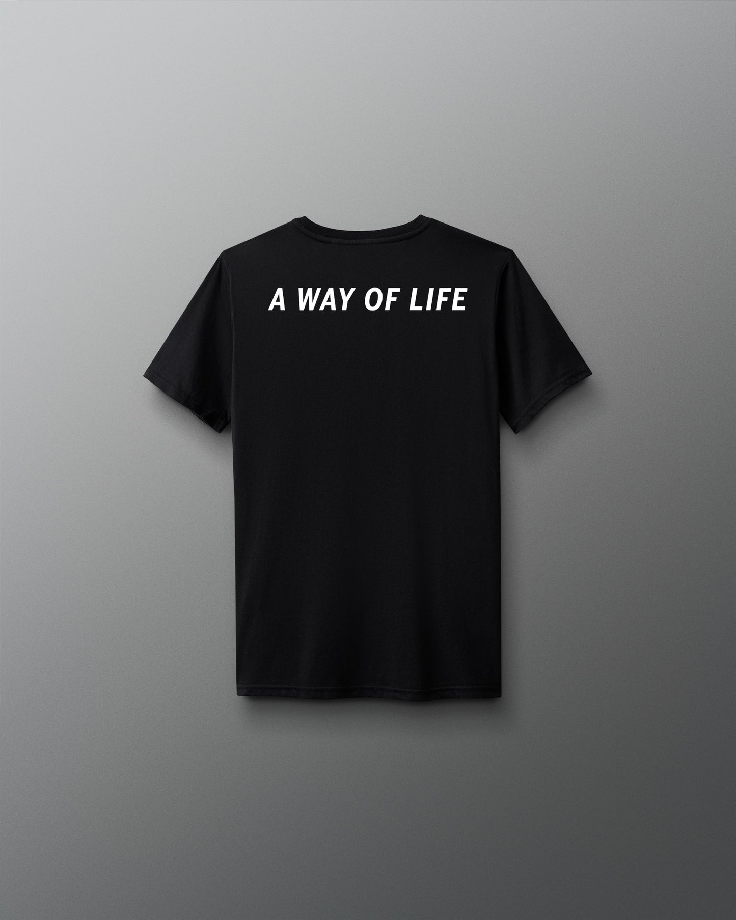 Black t-shirt with 'A WAY OF LIFE' text on a gray background