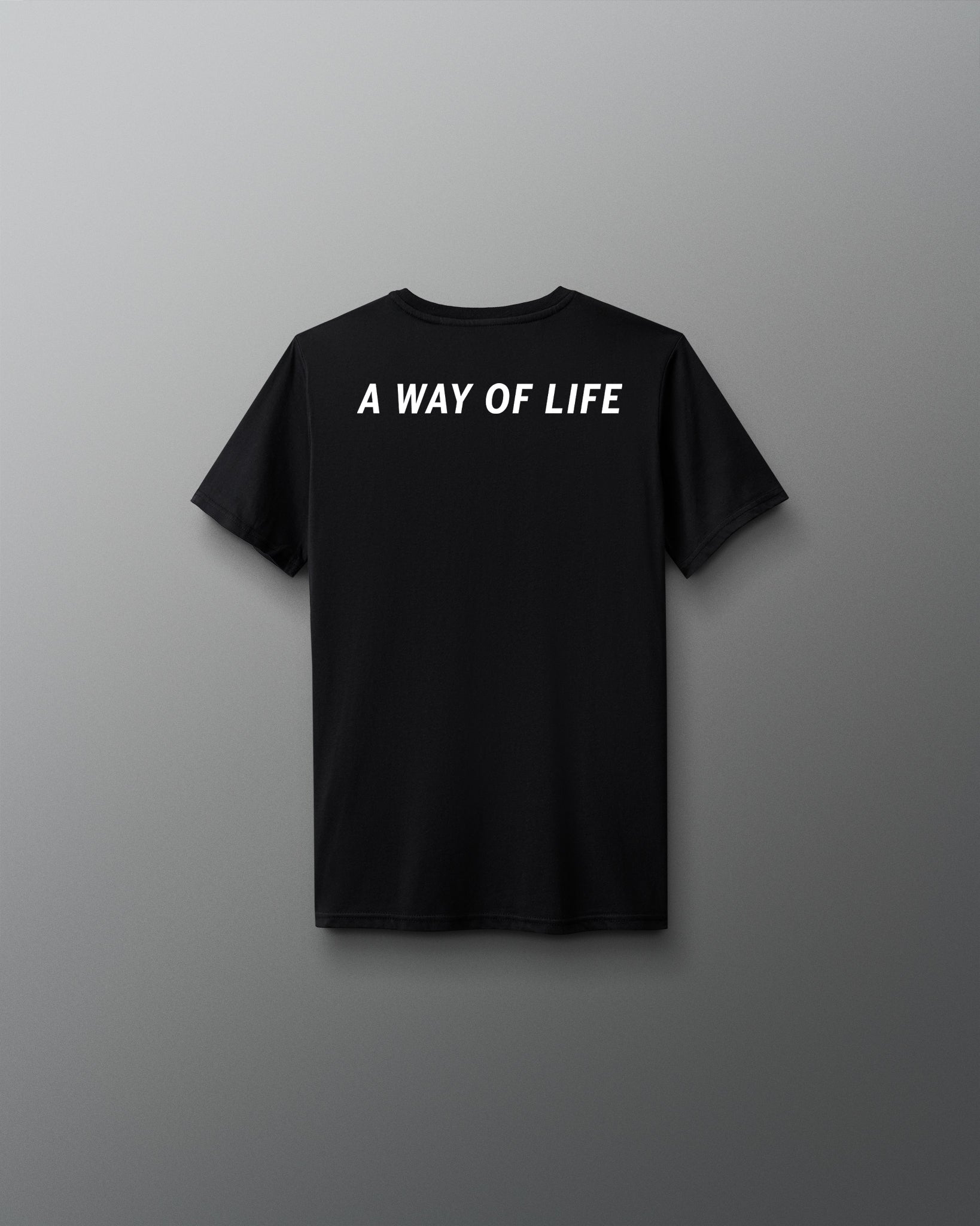 Black t-shirt with 'A WAY OF LIFE' text on a gray background
