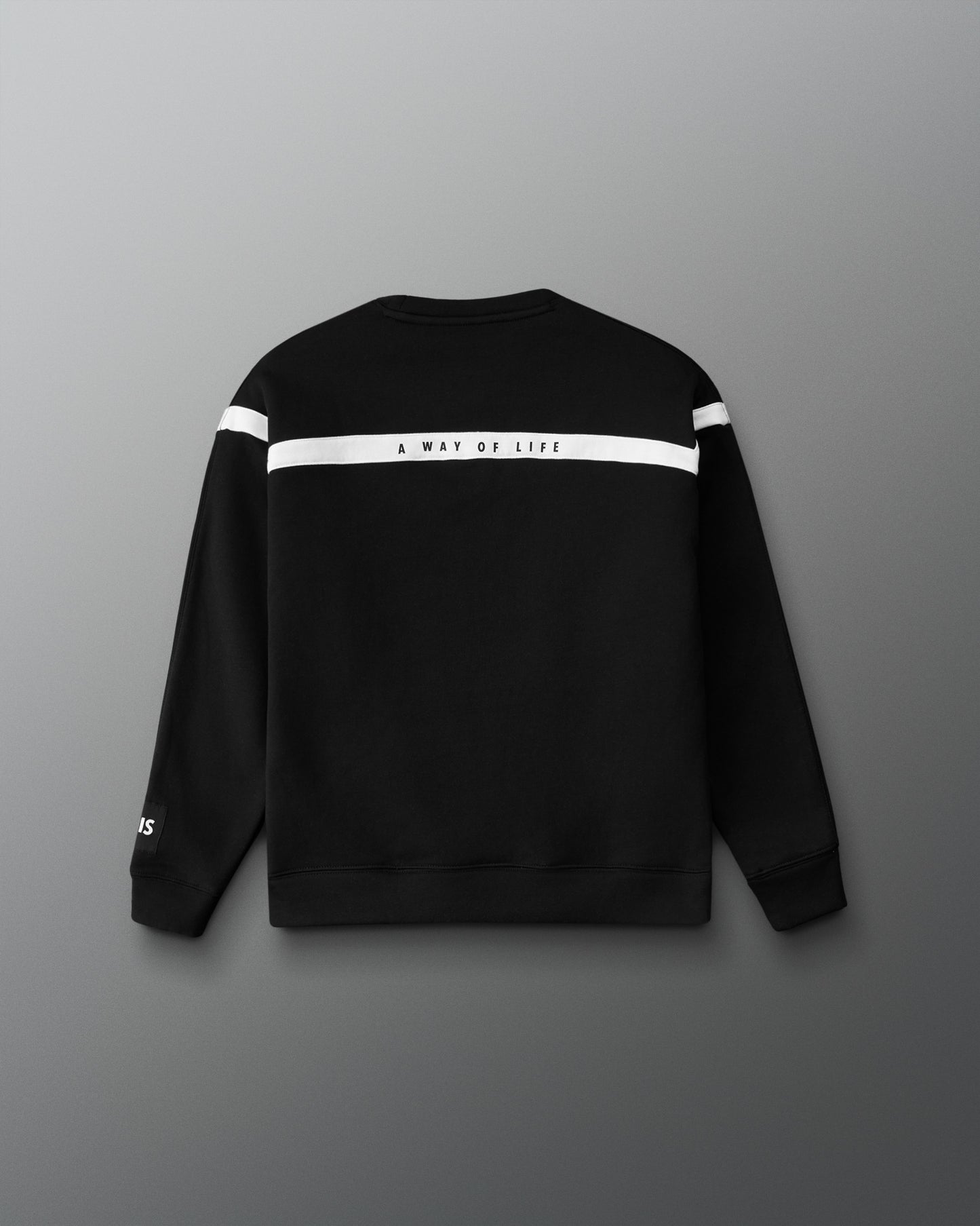 Black sweatshirt with white stripes on a gray background