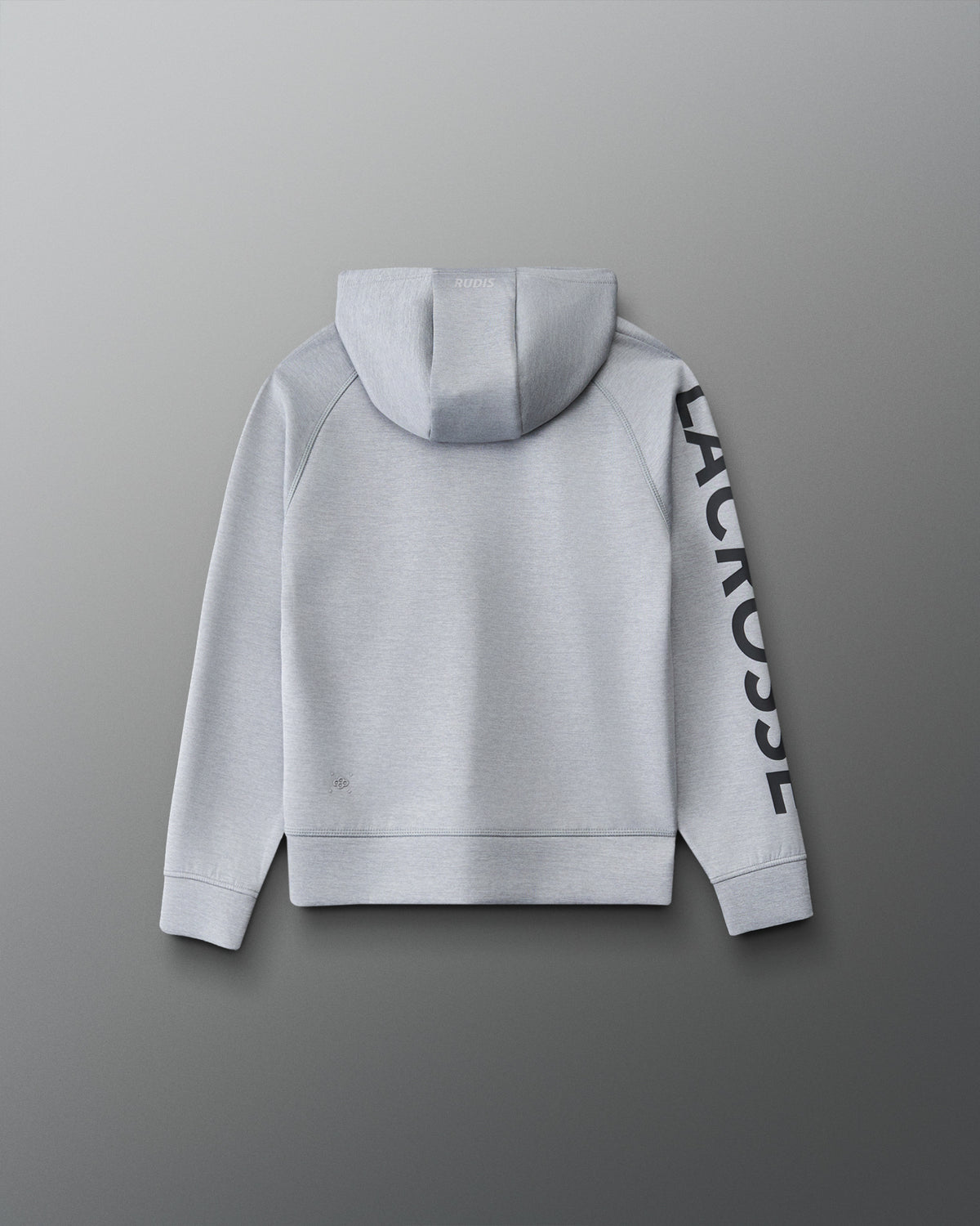Back view of the RUDIS Youth Lacrosse COOL-FEEL Hoodie in heather gray with hood, raglan seams and black LACROSSE sleeve graphic.