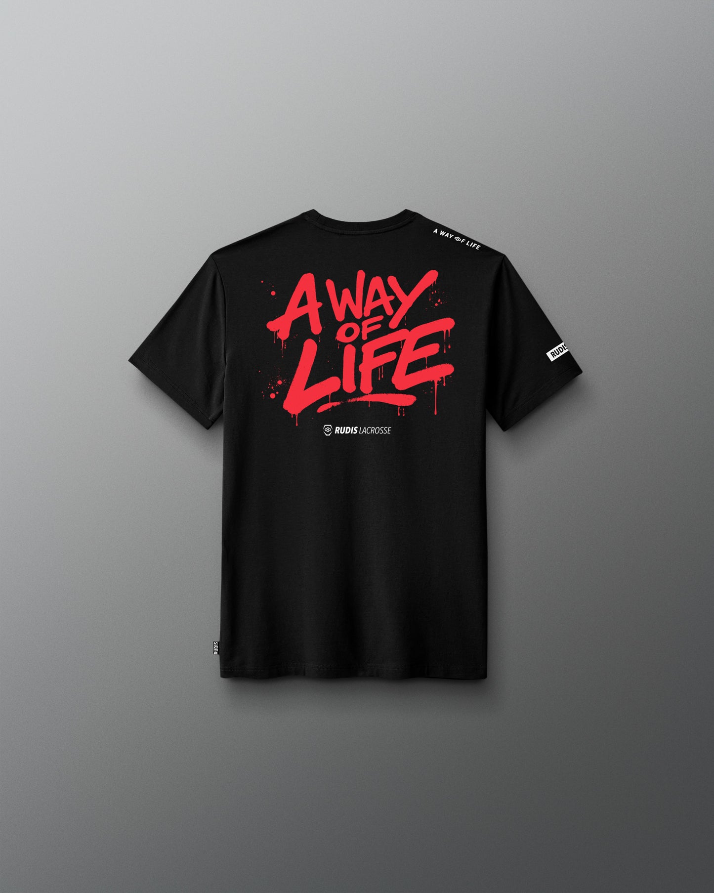 Black t-shirt with red 'A Way of Life' text on a gray background