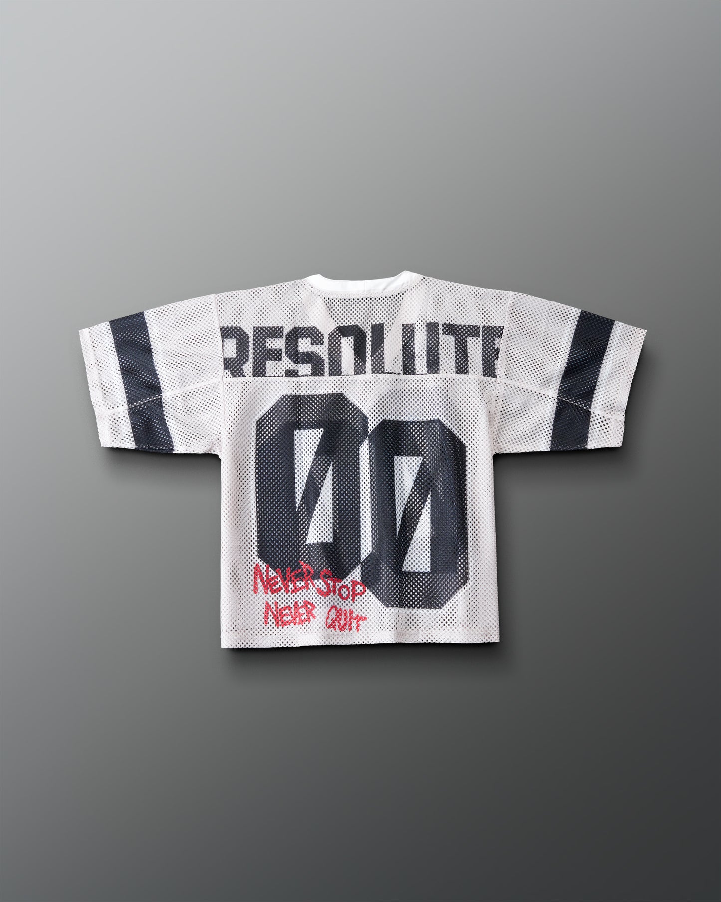 Back of the Youth RUDIS Resolute Throwback lacrosse jersey in white mesh with black sleeve stripes, oversized "00" number, "RESOLUTE" nameplate, and red "Never Stop Never Quit" graphic near the hem.