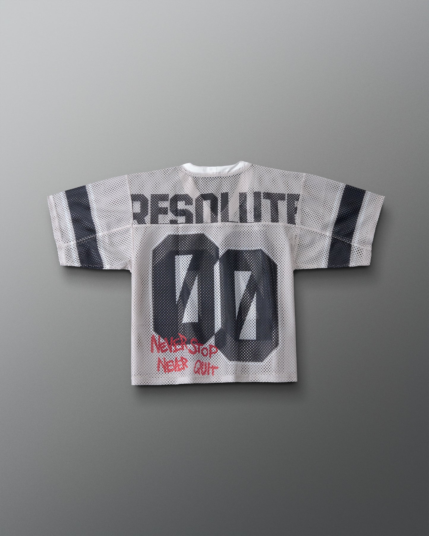 Back of the Youth RUDIS Resolute Throwback lacrosse jersey in white mesh with black sleeve stripes, oversized "00" number, "RESOLUTE" nameplate, and red "Never Stop Never Quit" graphic near the hem.