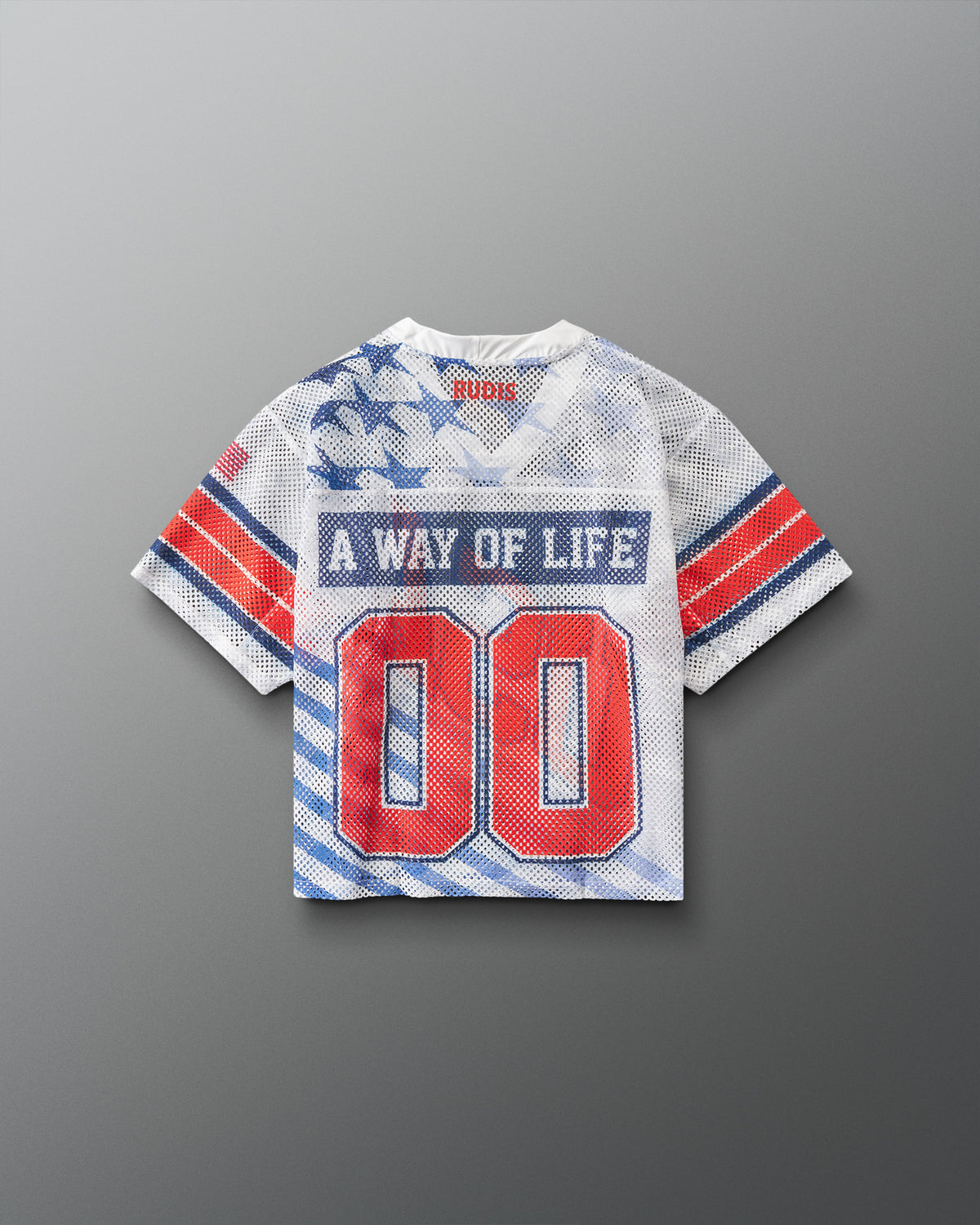 Back view of RUDIS Lacrosse Stars and Stripes Boys Throwback Porthole Jersey in white mesh with “A Way of Life” graphic and red 00 numbers.