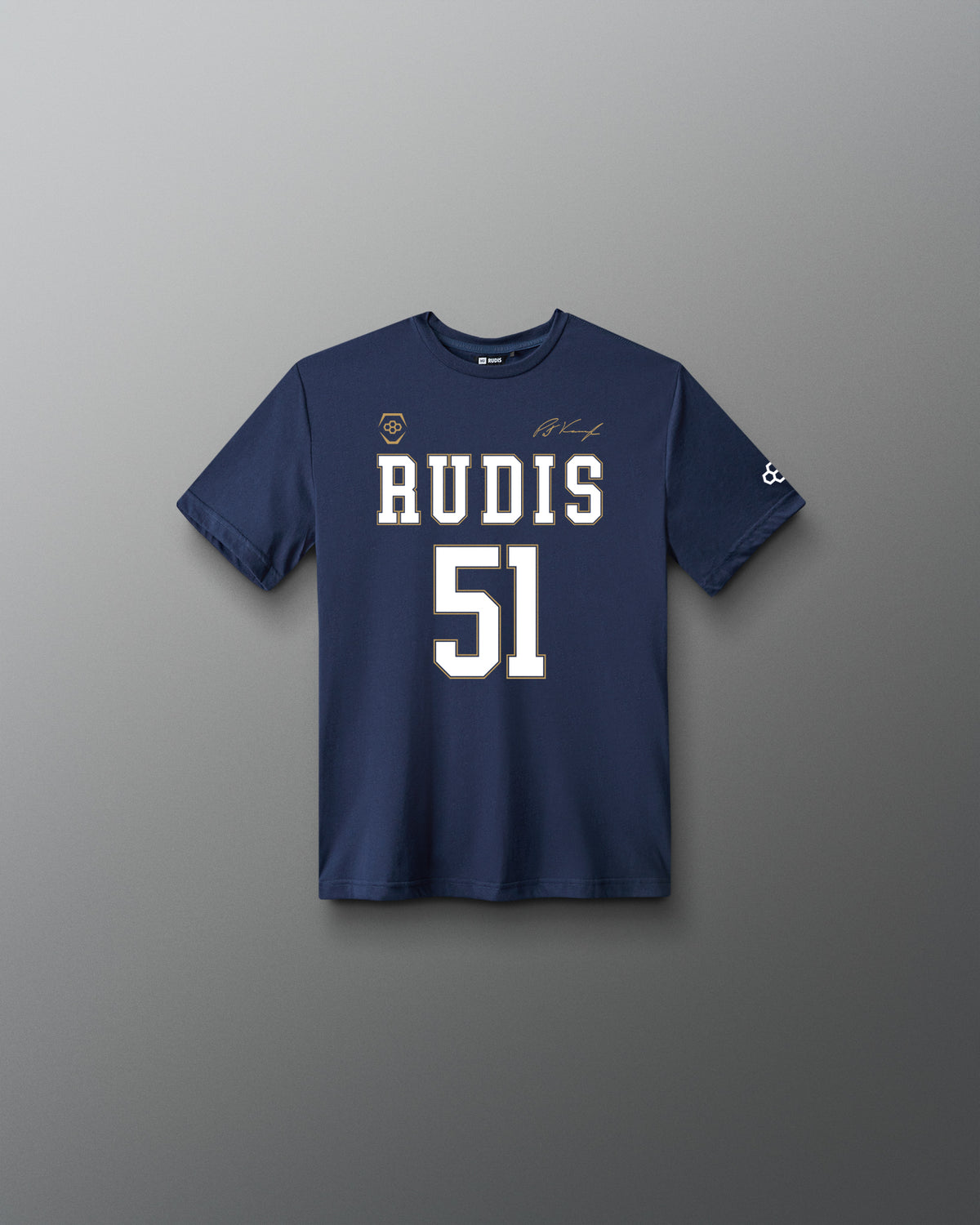 Front view of the navy RUDIS P. Kavanagh Jersey Youth Supersoft T-Shirt featuring RUDIS 51 graphics, signature detail and RUDIS sleeve logo.