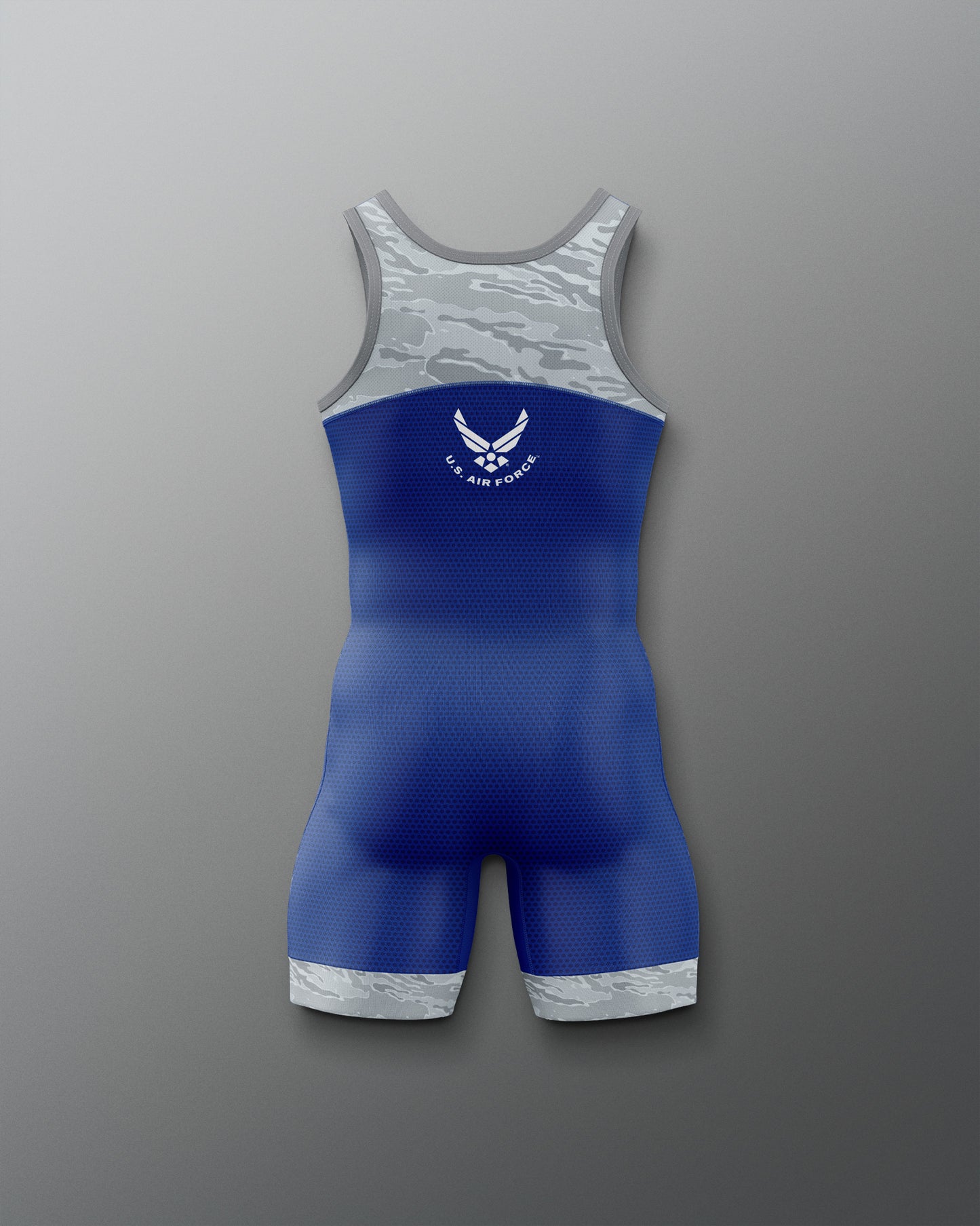 Men's wrestling singlet in blue with gray camouflage accents and U.S. Air Force insignia, designed for performance and competition.