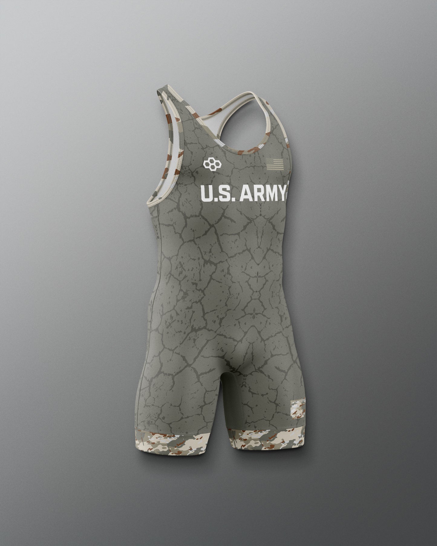 Gray wrestling singlet with U.S. Army logo on a gray background