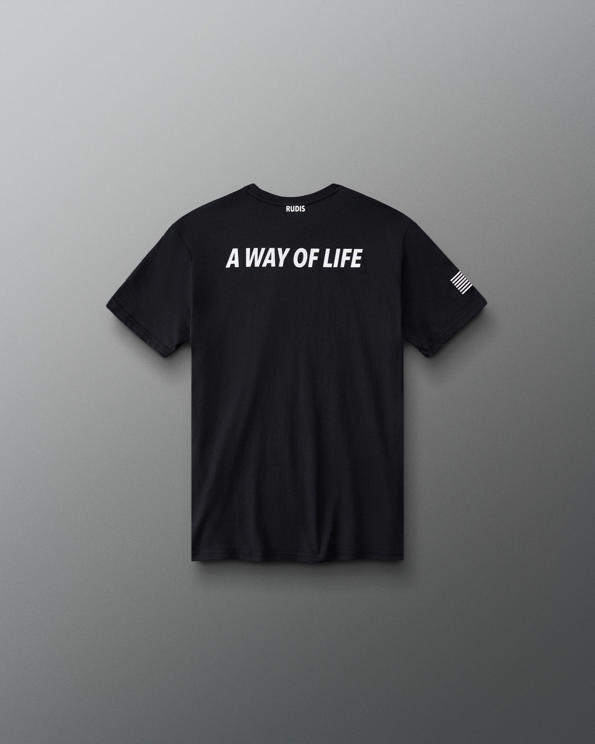 RUDIS U.S. Army Defend Youth Elite Super Soft T-Shirt in Black, back view featuring bold white A WAY OF LIFE lettering, RUDIS neck branding, and American flag sleeve graphic.