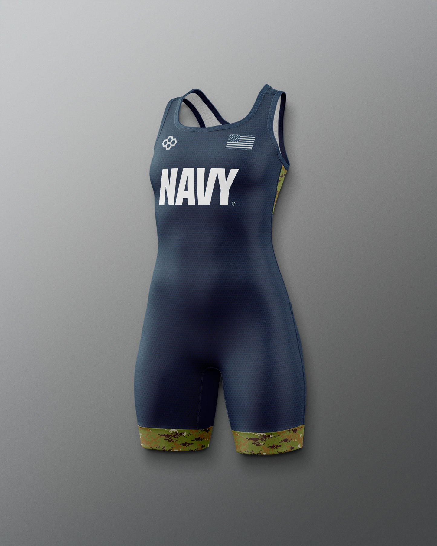 Navy blue swimsuit with 'NAVY' text on a gray background