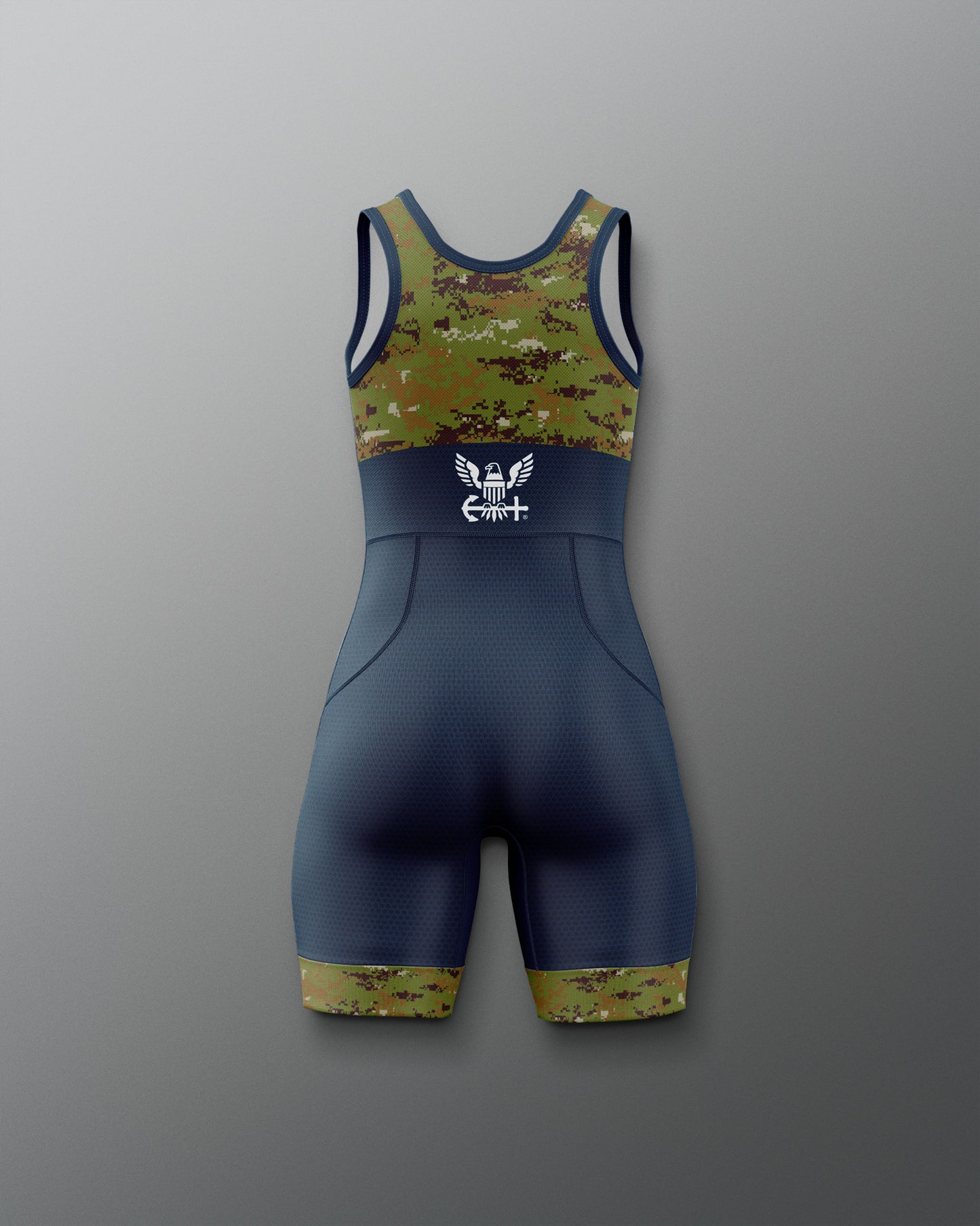 Wrestling singlet with camouflage pattern on a gray background
