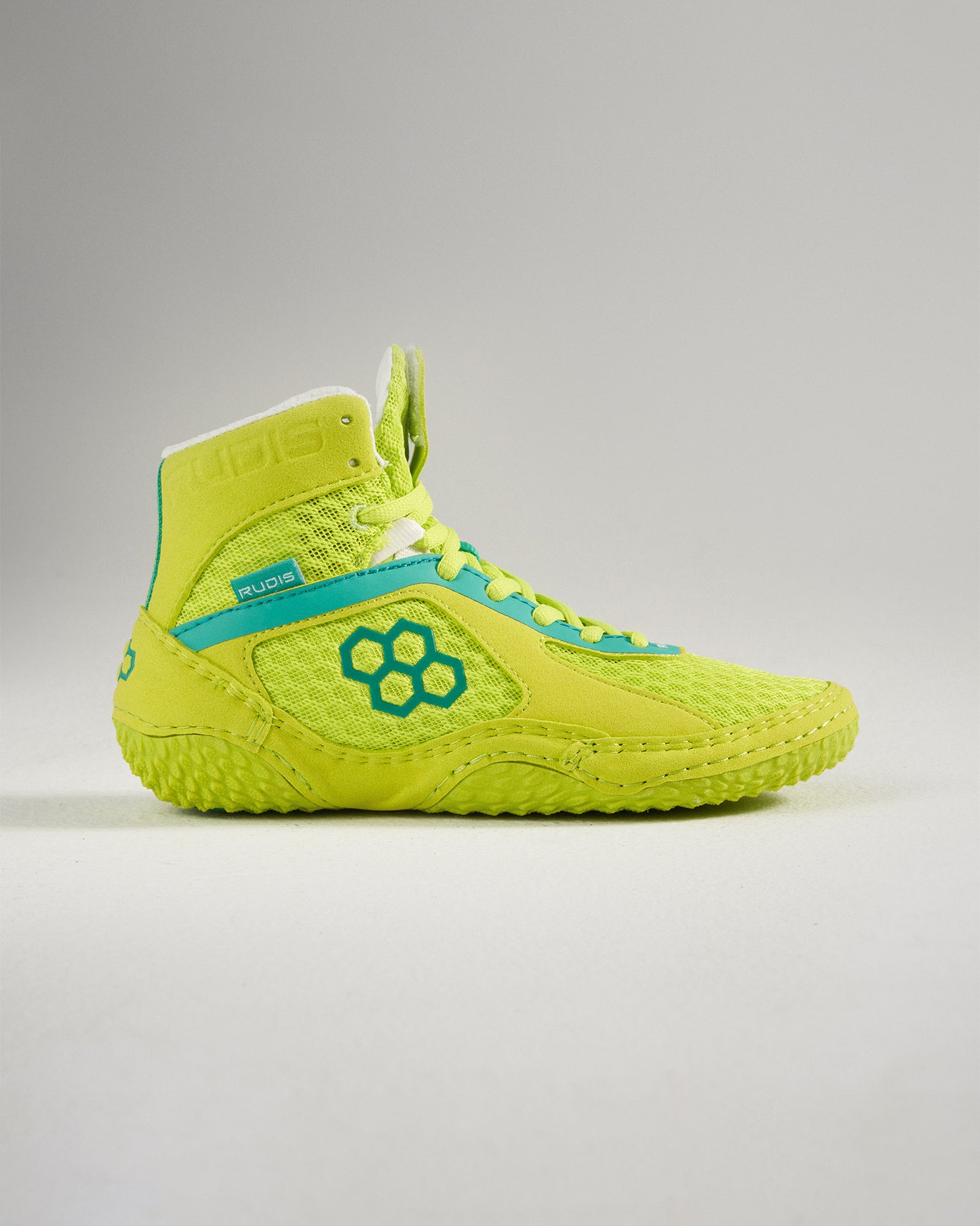Bright yellow wrestling shoes with turquoise accents and a unique design ideal for performance in the sport