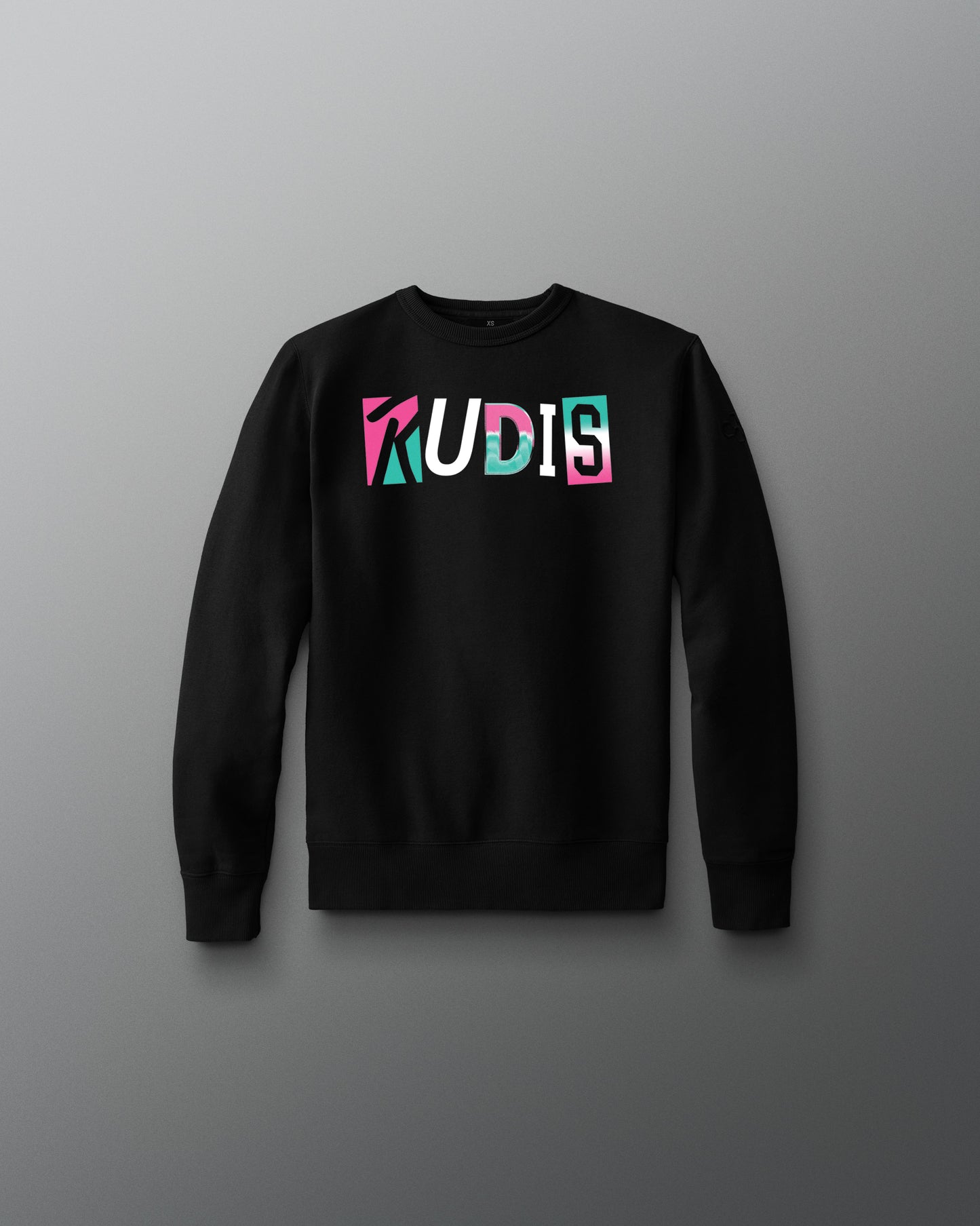 Black sweatshirt with colorful 'RUDIS' text on a gray background