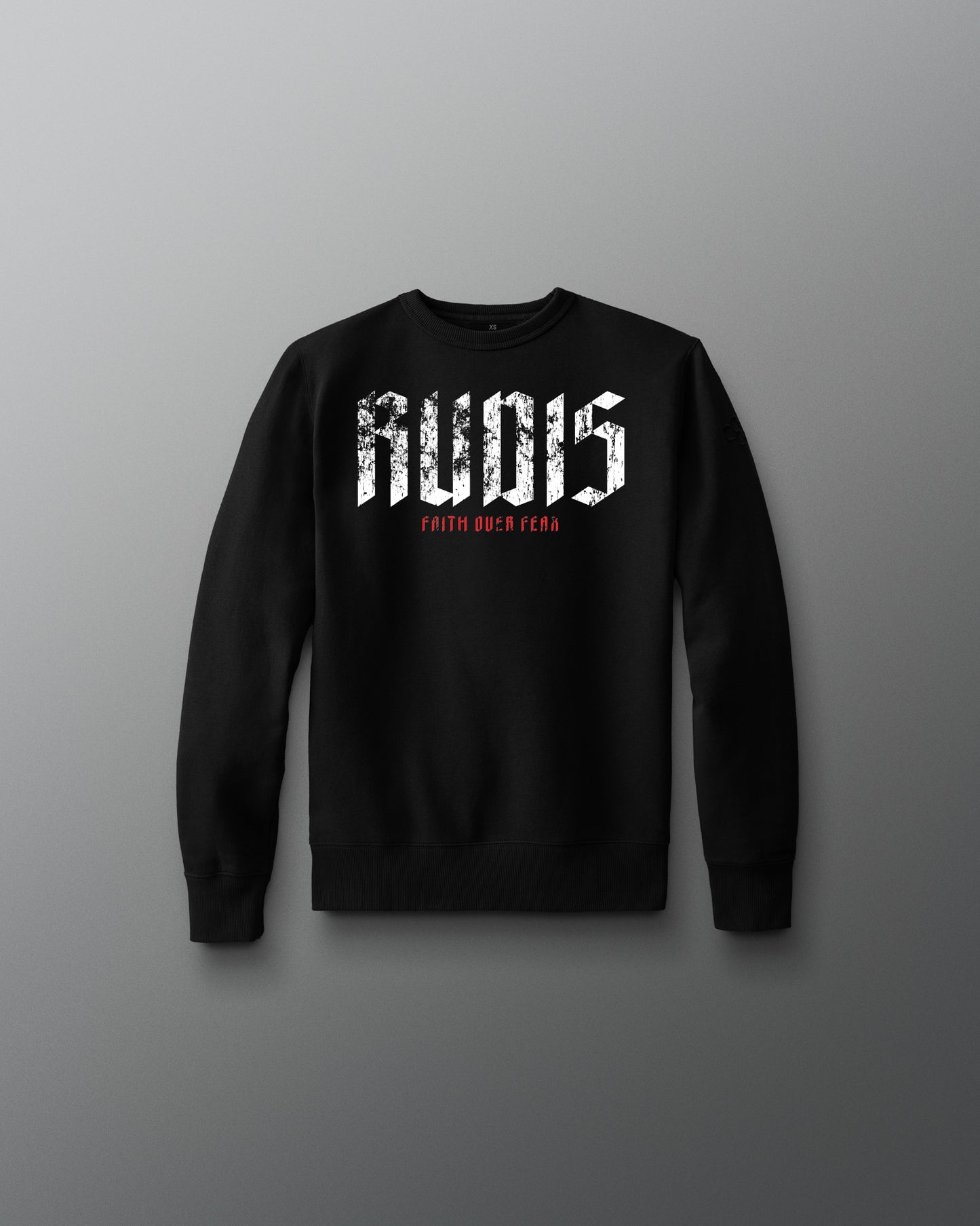 Black sweatshirt with 'RUDIS' text on a gray background
