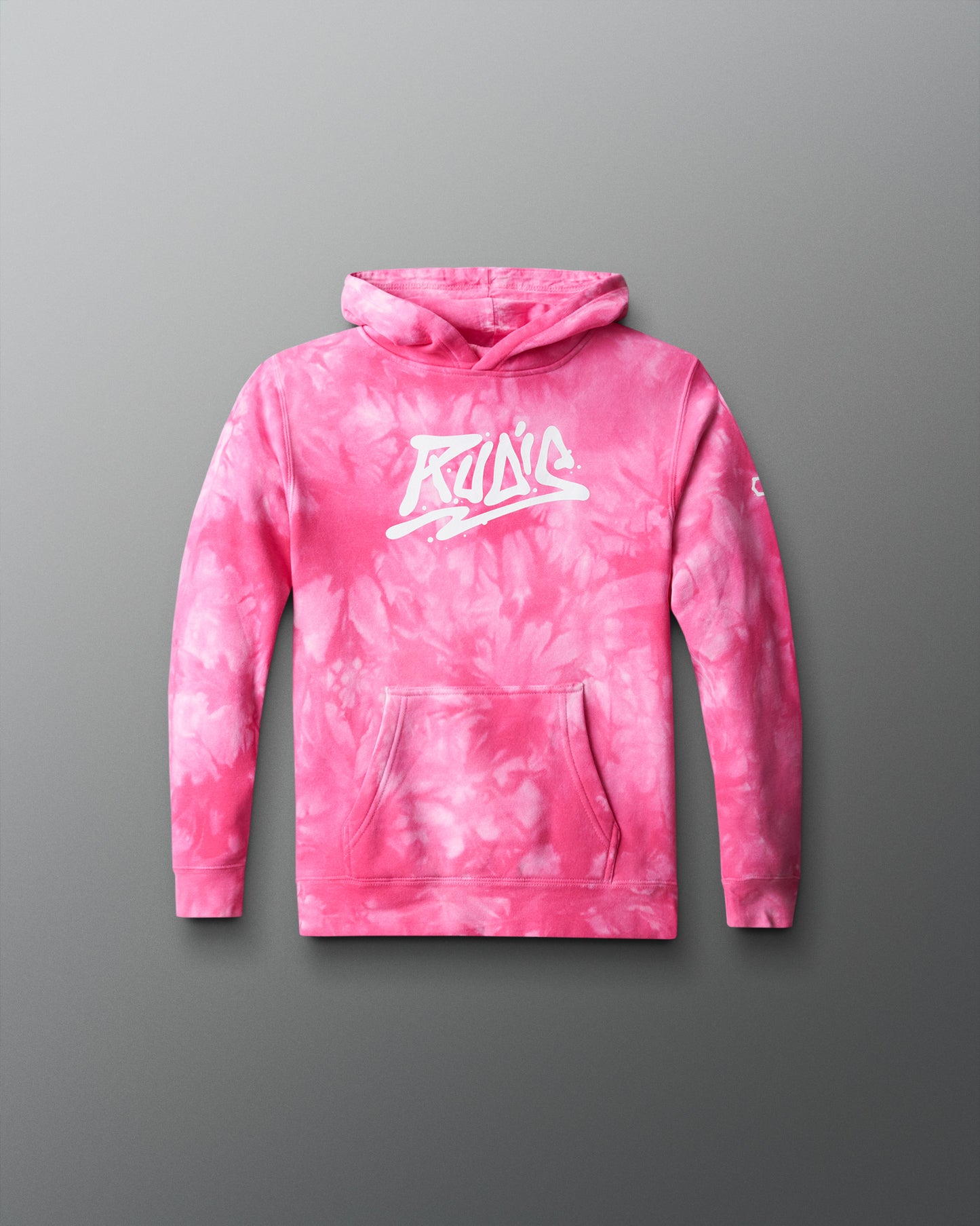 Pink tie die hoodie sweatshirt with white RUDIS word mark