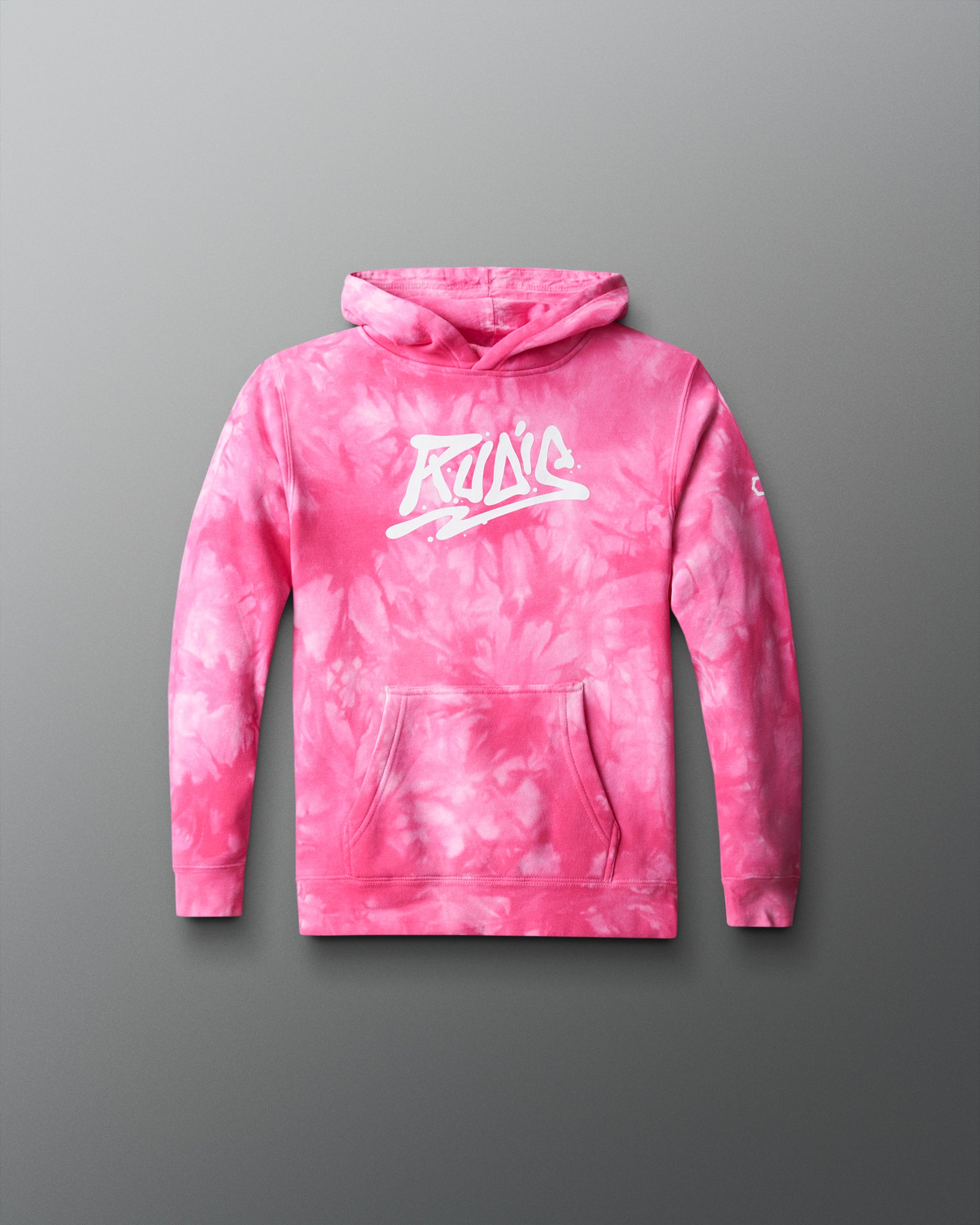 Pink tie die hoodie sweatshirt with white RUDIS word mark