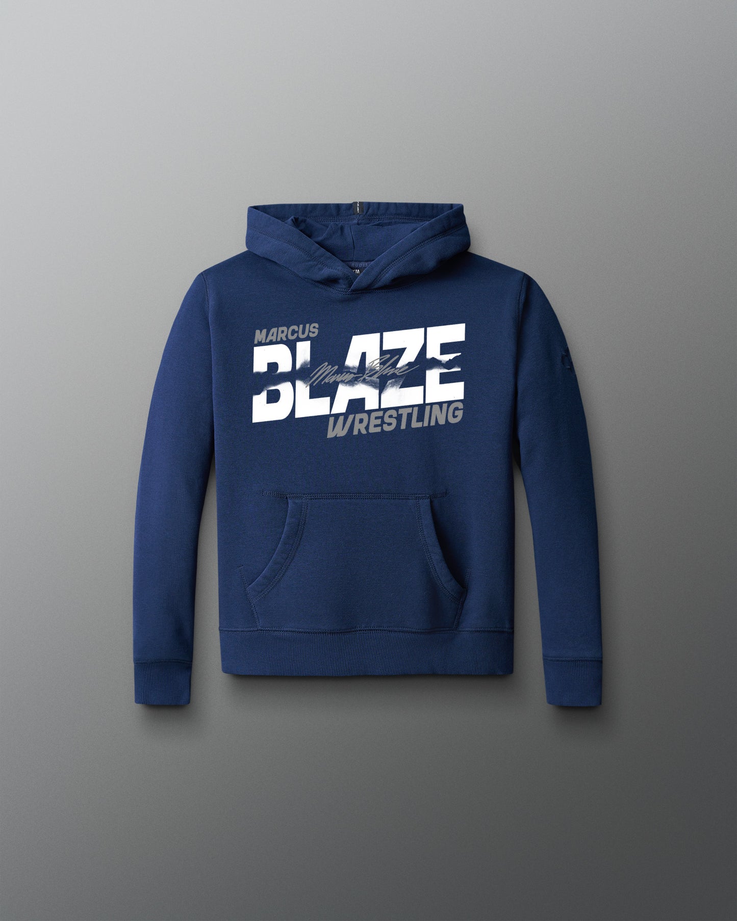 Blue hoodie with 'Blaze Wrestling' text on a gray background