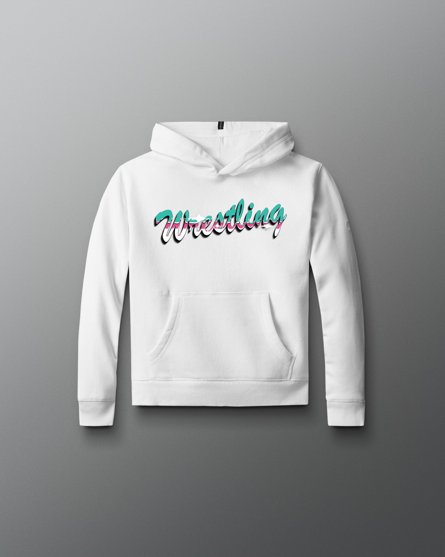 White hoodie with 'Wrestling' text on a gray background