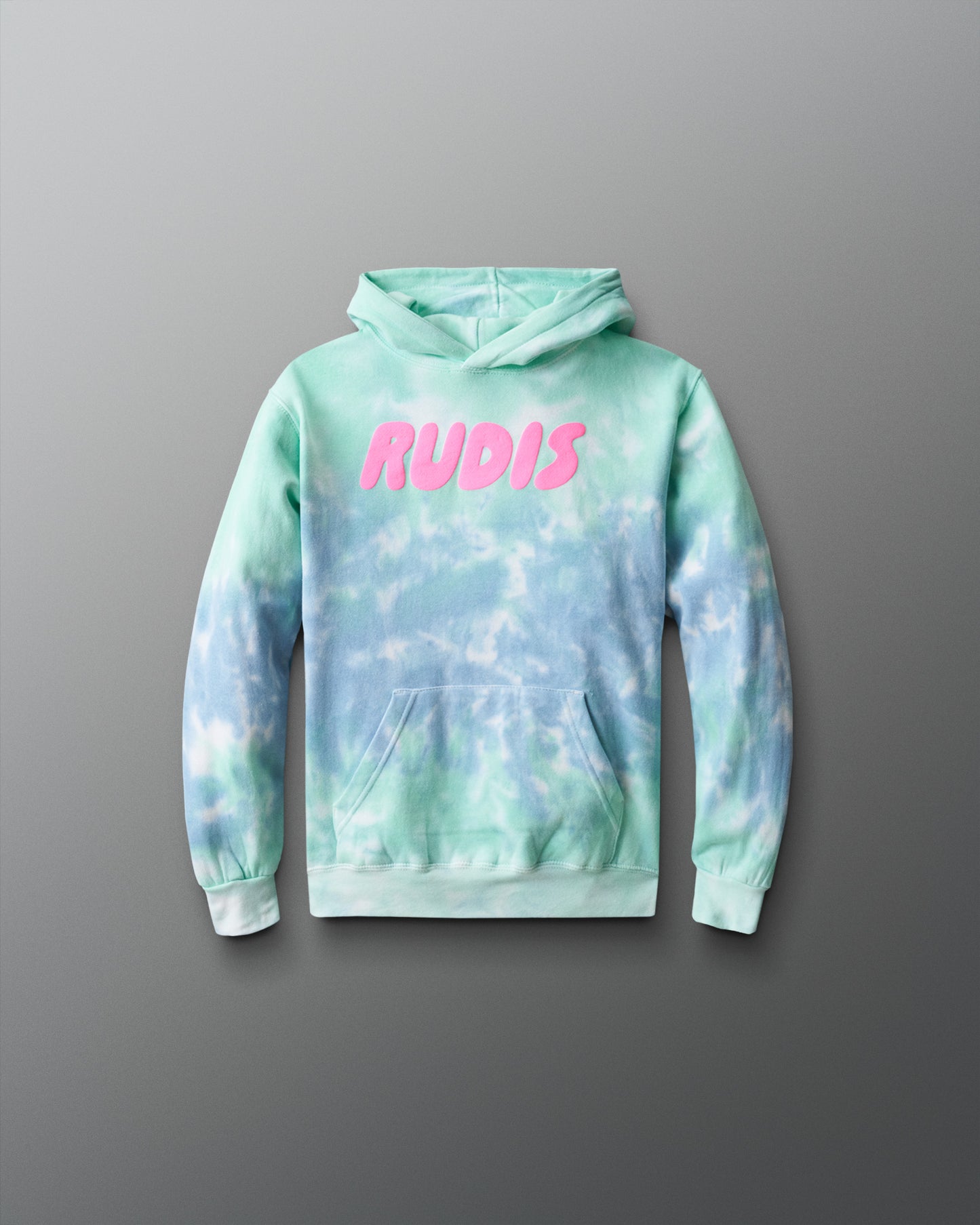 Tie-dye hoodie with 'RUDIS' text on a gray background