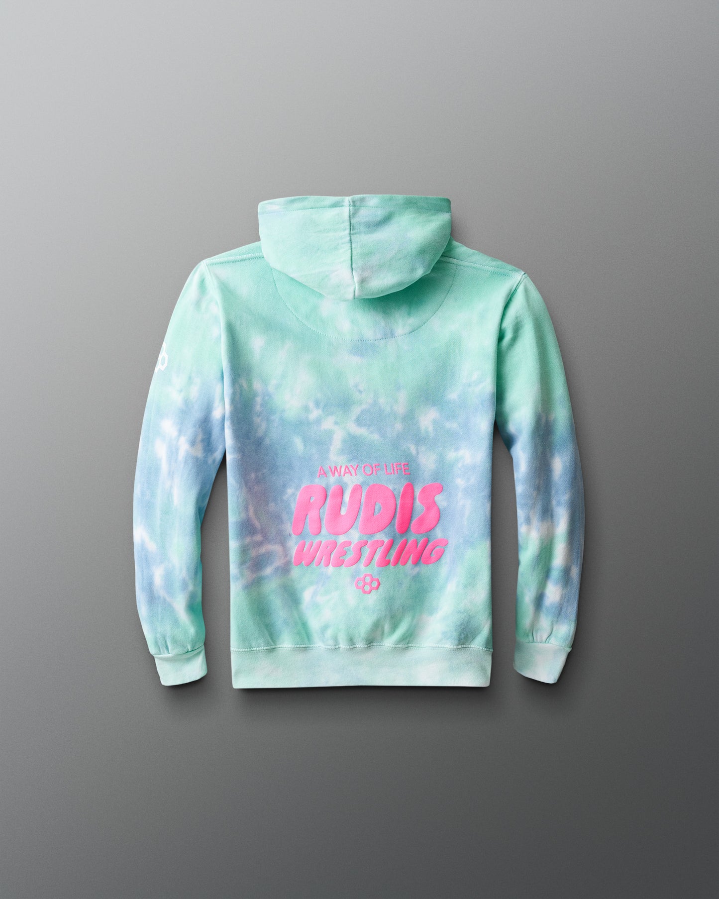 Tie-dye hoodie with pink text on a gray background