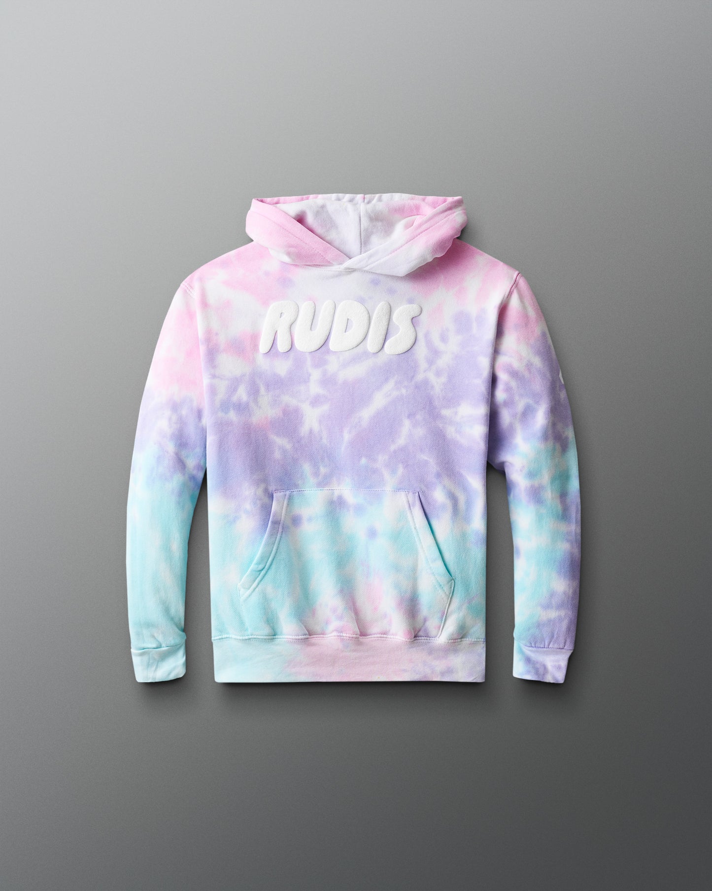 Tie-dye hoodie with 'RUDIS' branding on a gray background