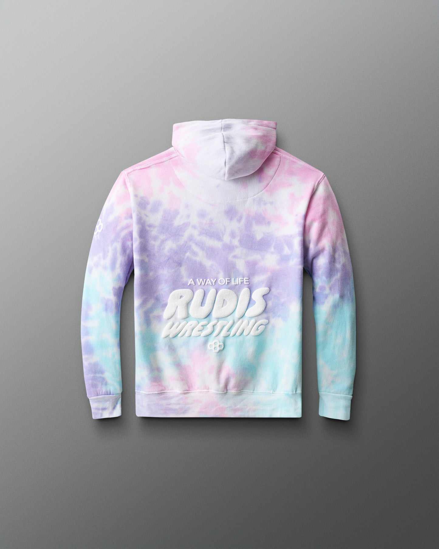 Tie-dye hoodie with 'RUDIS Wrestling' text on a gray background