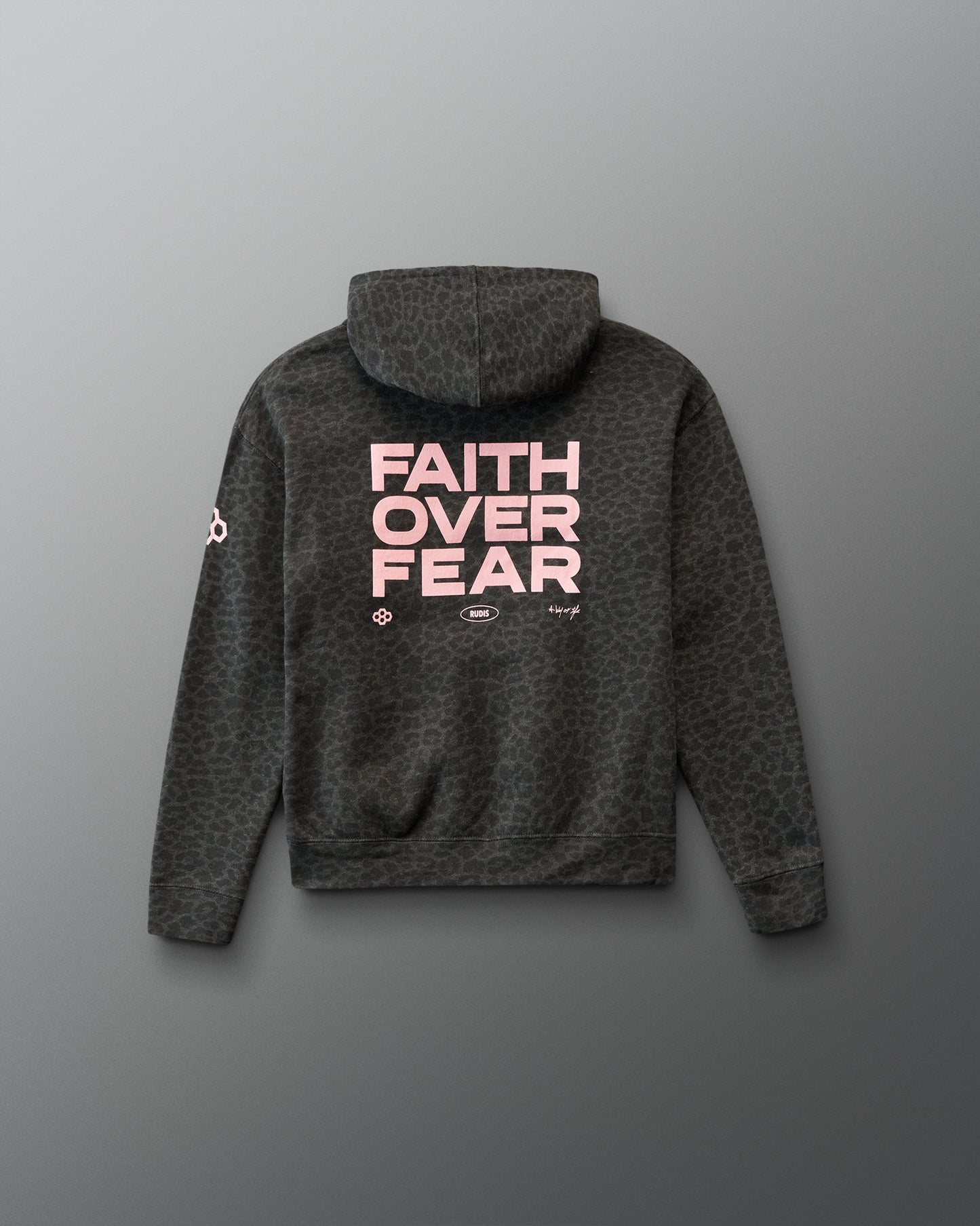Dark gray hoodie with 'Faith Over Fear' text on the back against a gray background