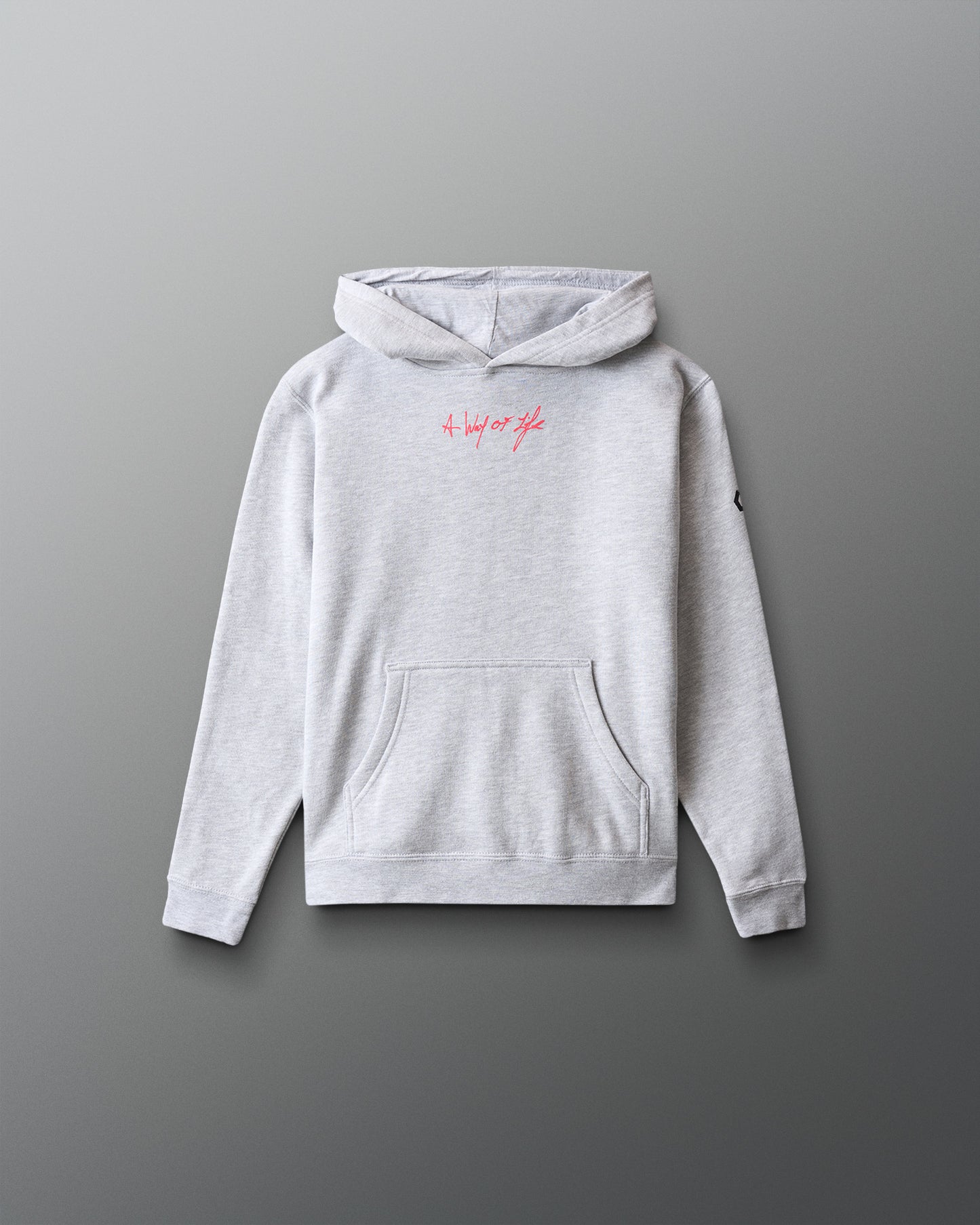 Gray hoodie with pink text on a gray background