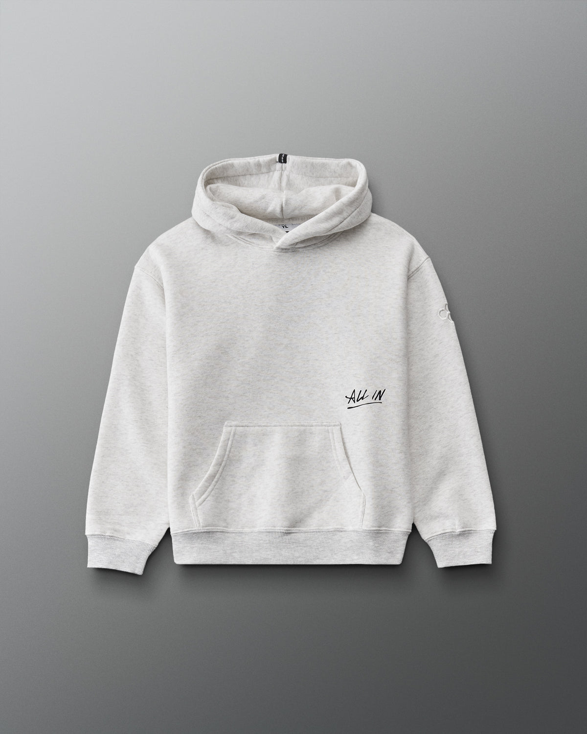 RUDIS ALL IN Youth Relaxed Comfort Fleece Hoodie in Heather Silver, front view featuring black ALL IN script, kangaroo pocket, hood, and ribbed hem.
