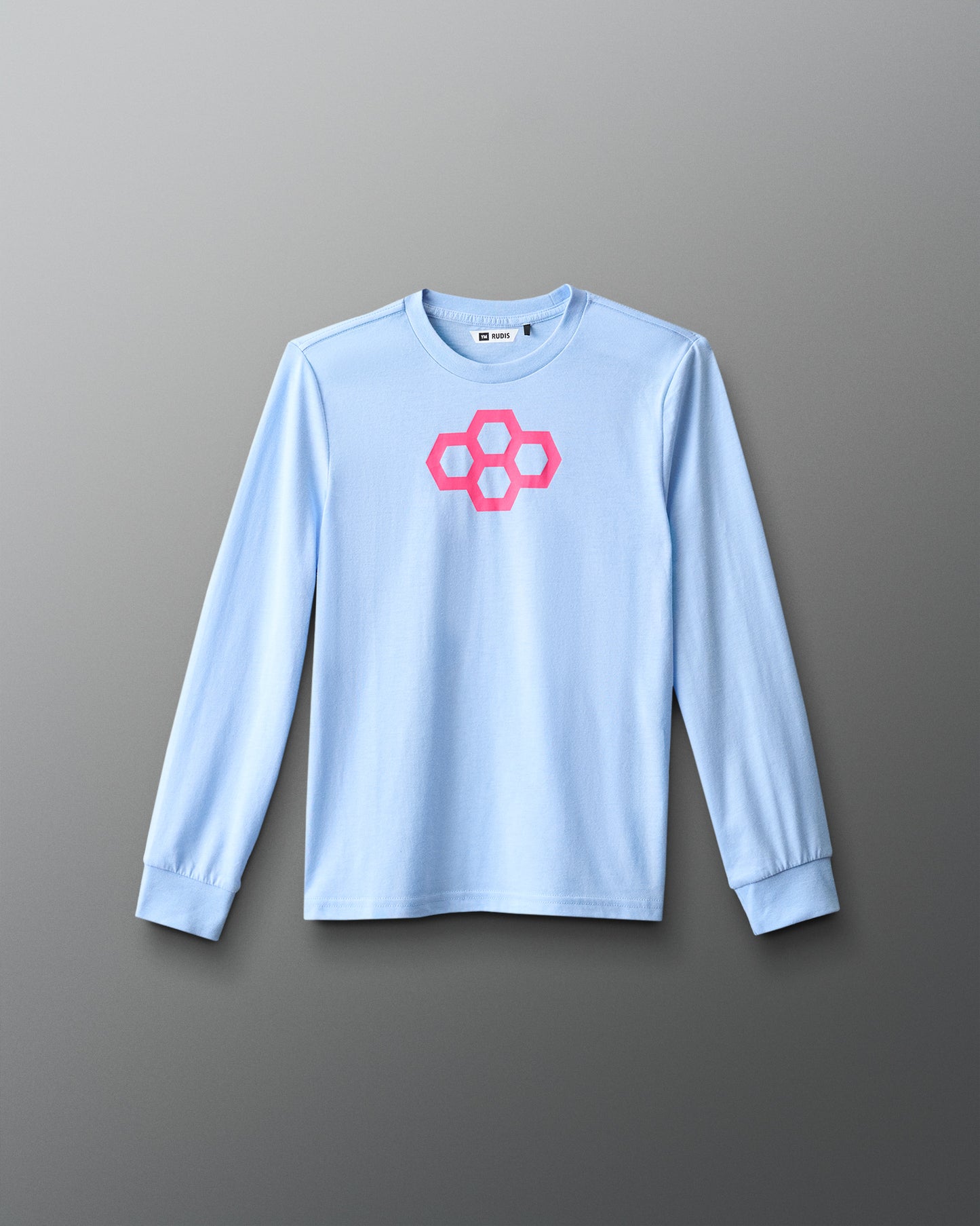 Light blue long-sleeve shirt with a pink geometric logo on a gray background