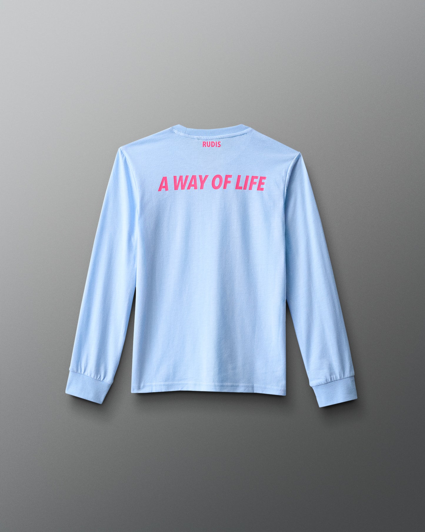 Light blue long-sleeve shirt with 'A Way of Life' text on a gray background