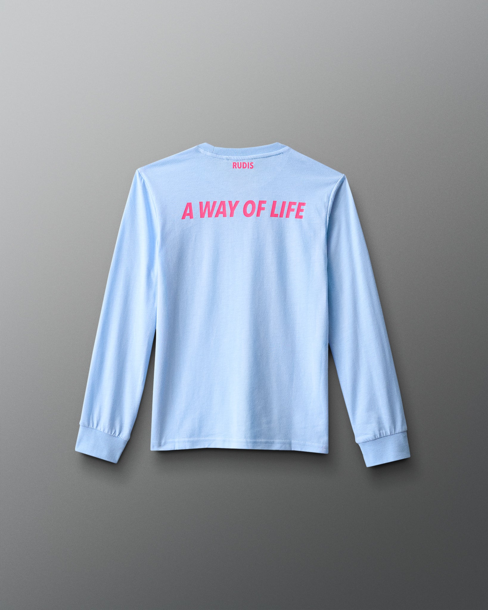 Light blue long-sleeve shirt with 'A Way of Life' text on a gray background