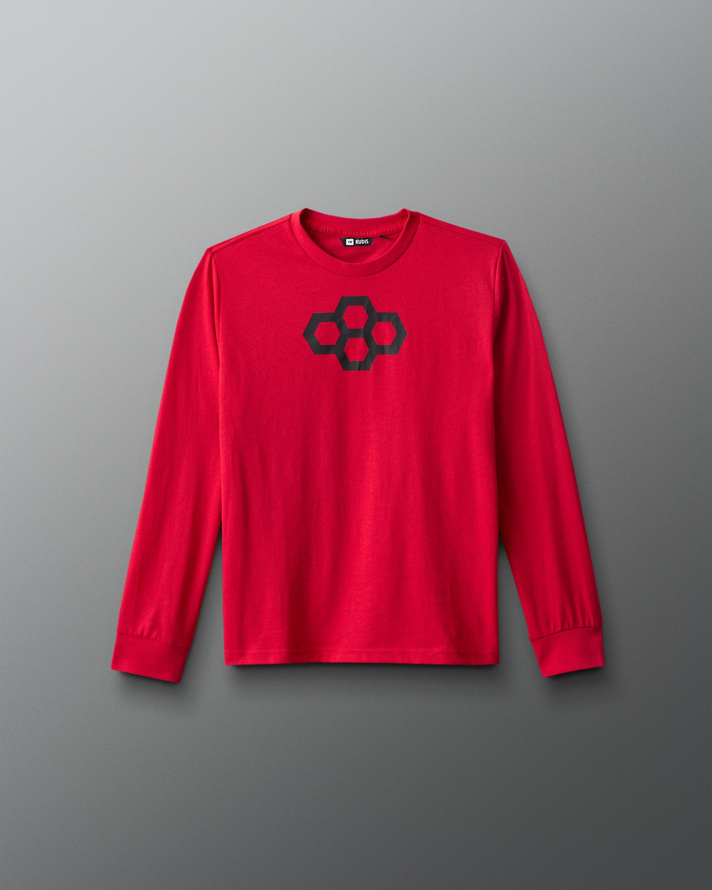 Red long-sleeve shirt with a black logo on a gray background