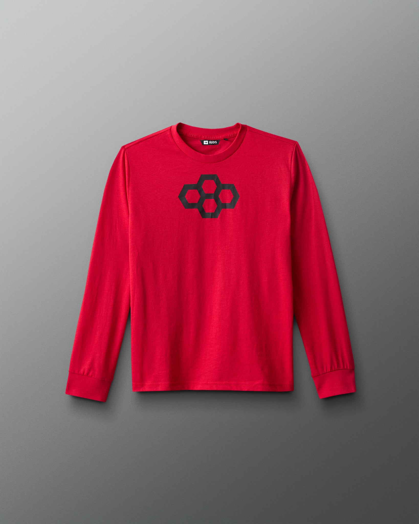 Red long-sleeve shirt with a black logo on a gray background