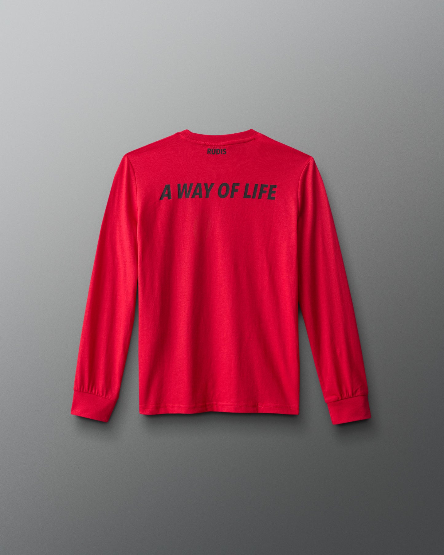 Red long-sleeve shirt with 'A Way of Life' text on a gray background